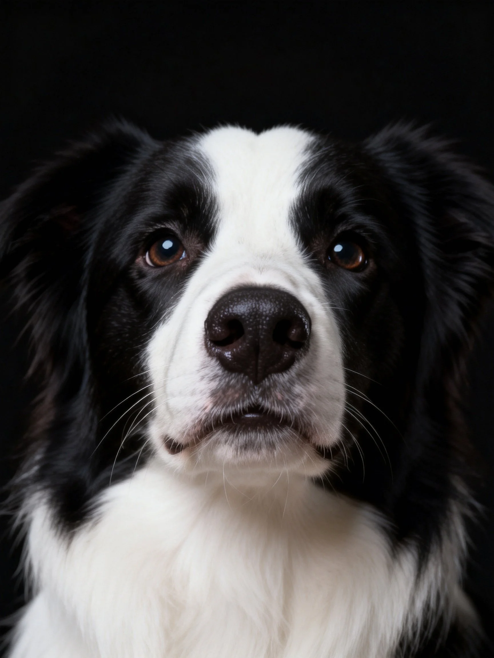 A close - up of a black and white dog gazes attentively against a dark backdrop.