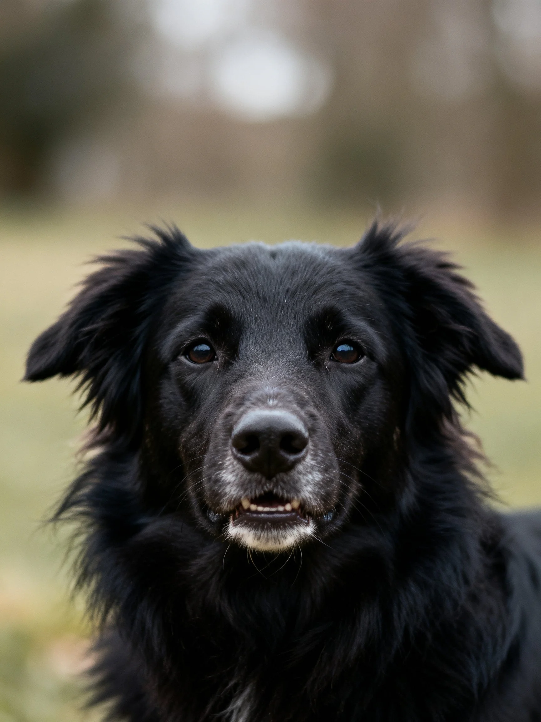 A close - up of a black dog with shaggy fur in an outdoor setting