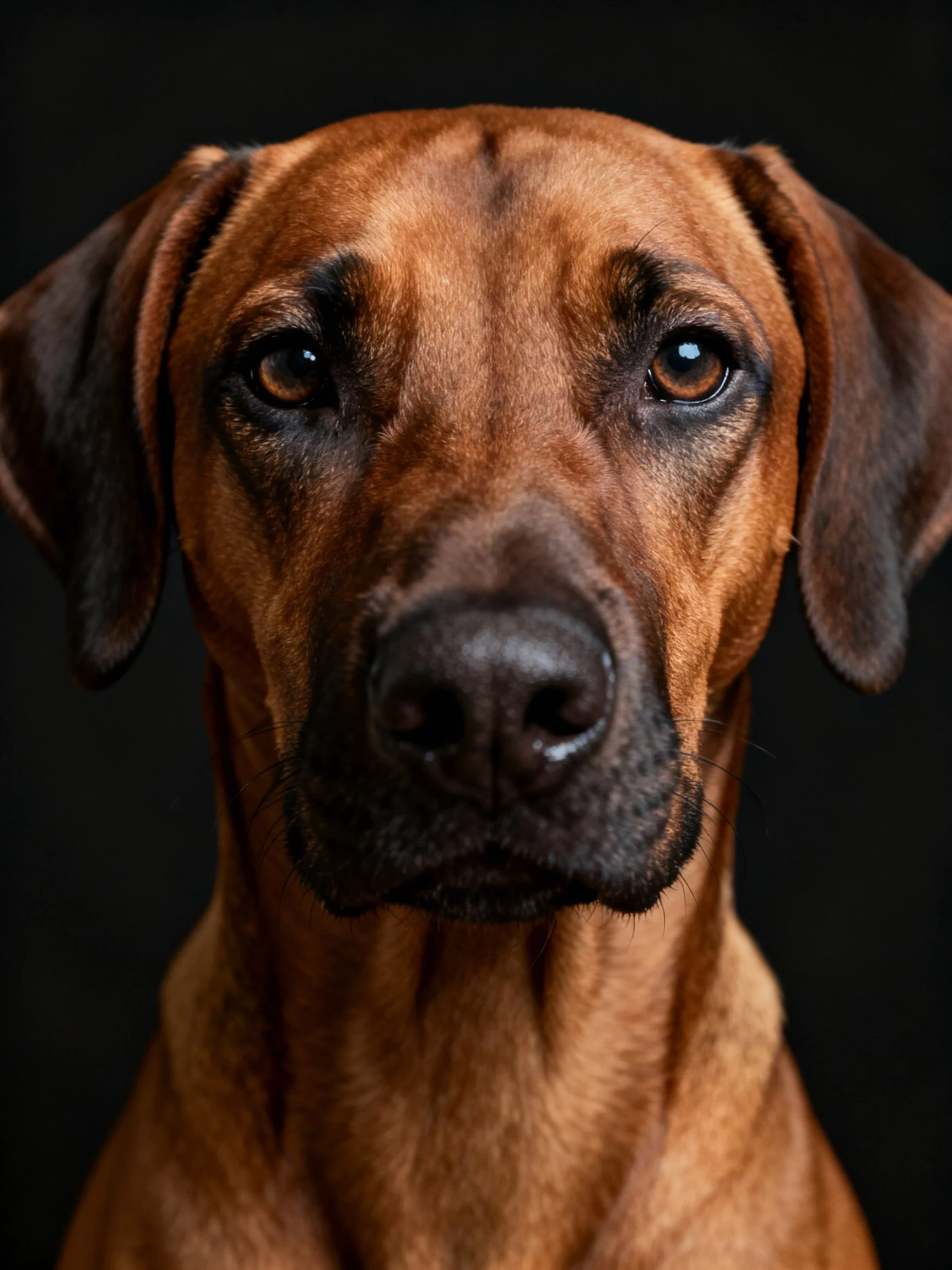 A close - up portrait of a brown Rhodesian Ridgeback dog with a dark background.