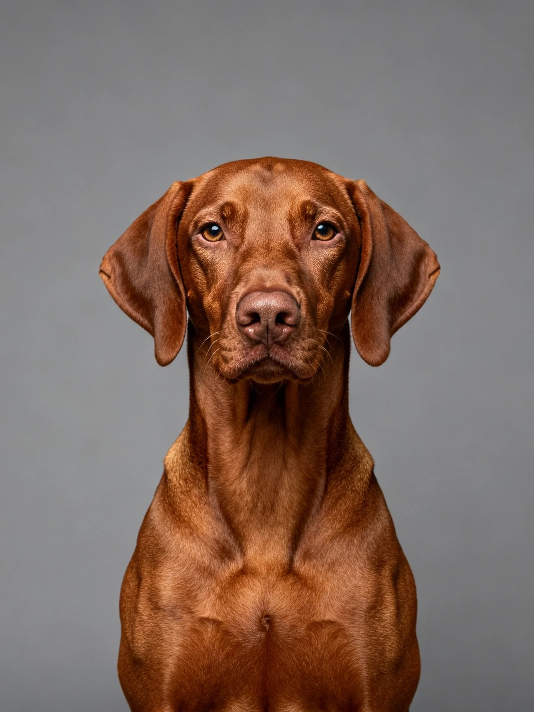 A close-up portrait of a reddish-brown Vizsla dog against a gray backdrop