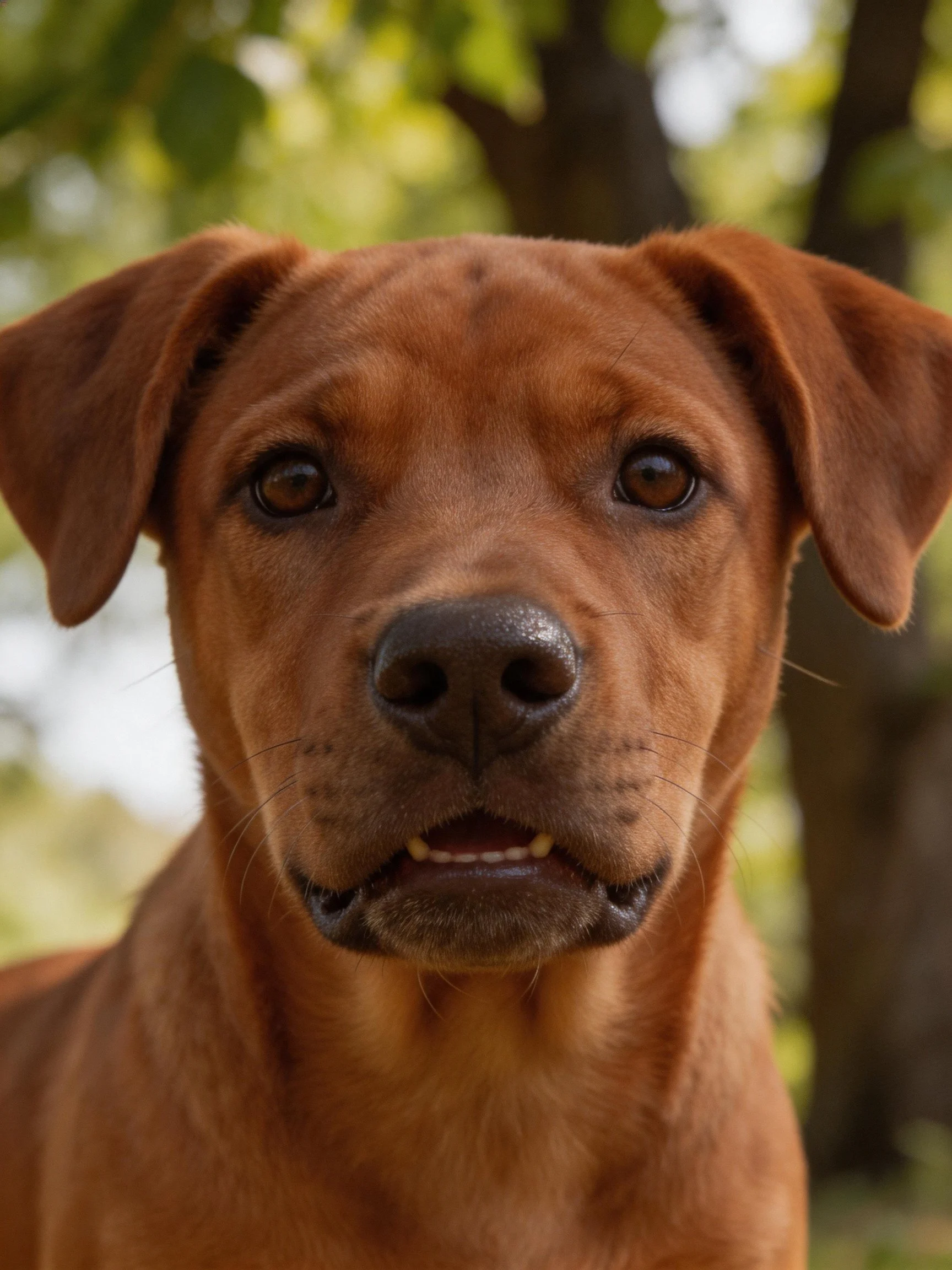 A close-up portrait of a reddish-brown dog with floppy ears outdoors