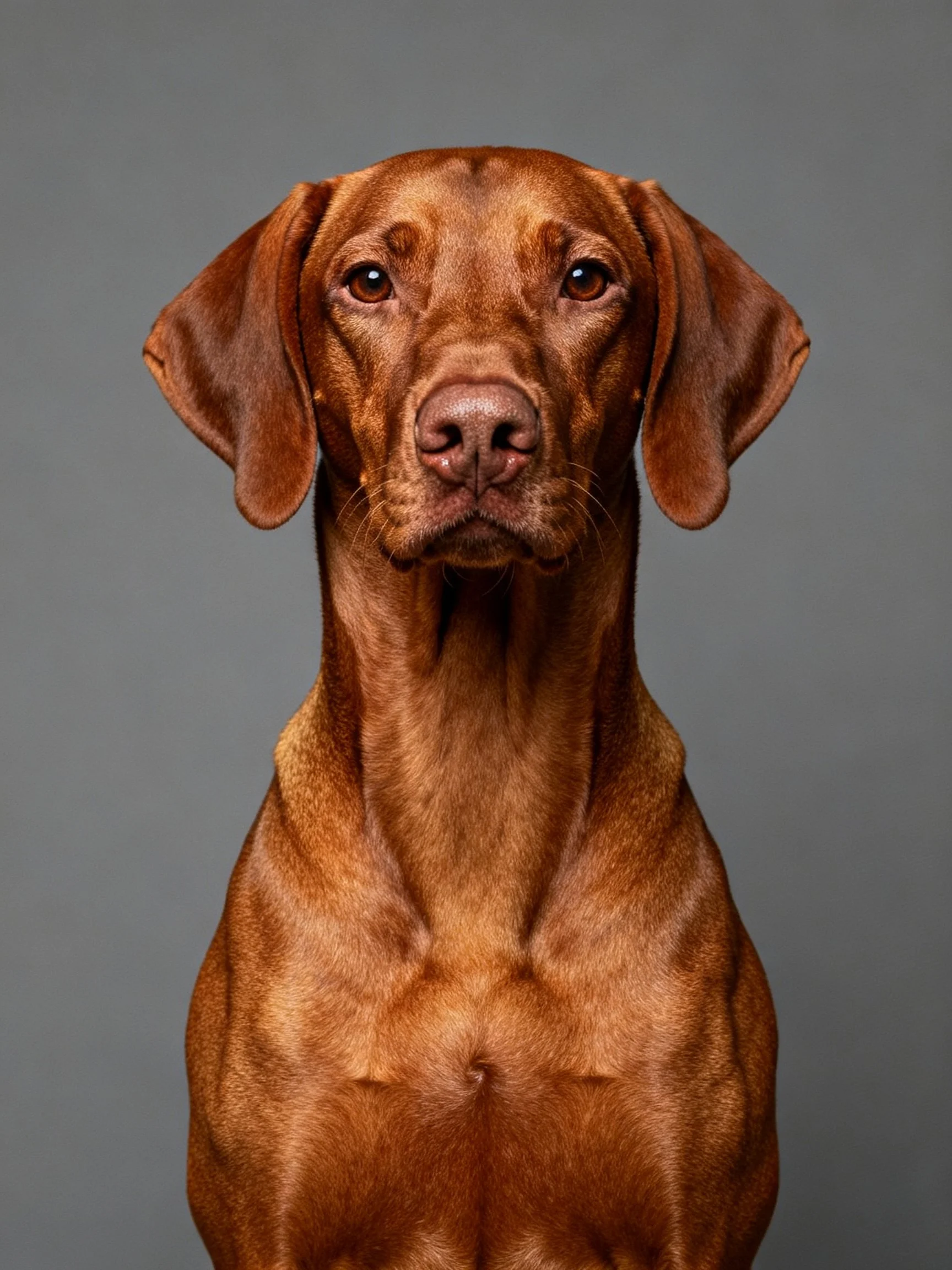A close-up portrait of a reddish-brown dog with large ears