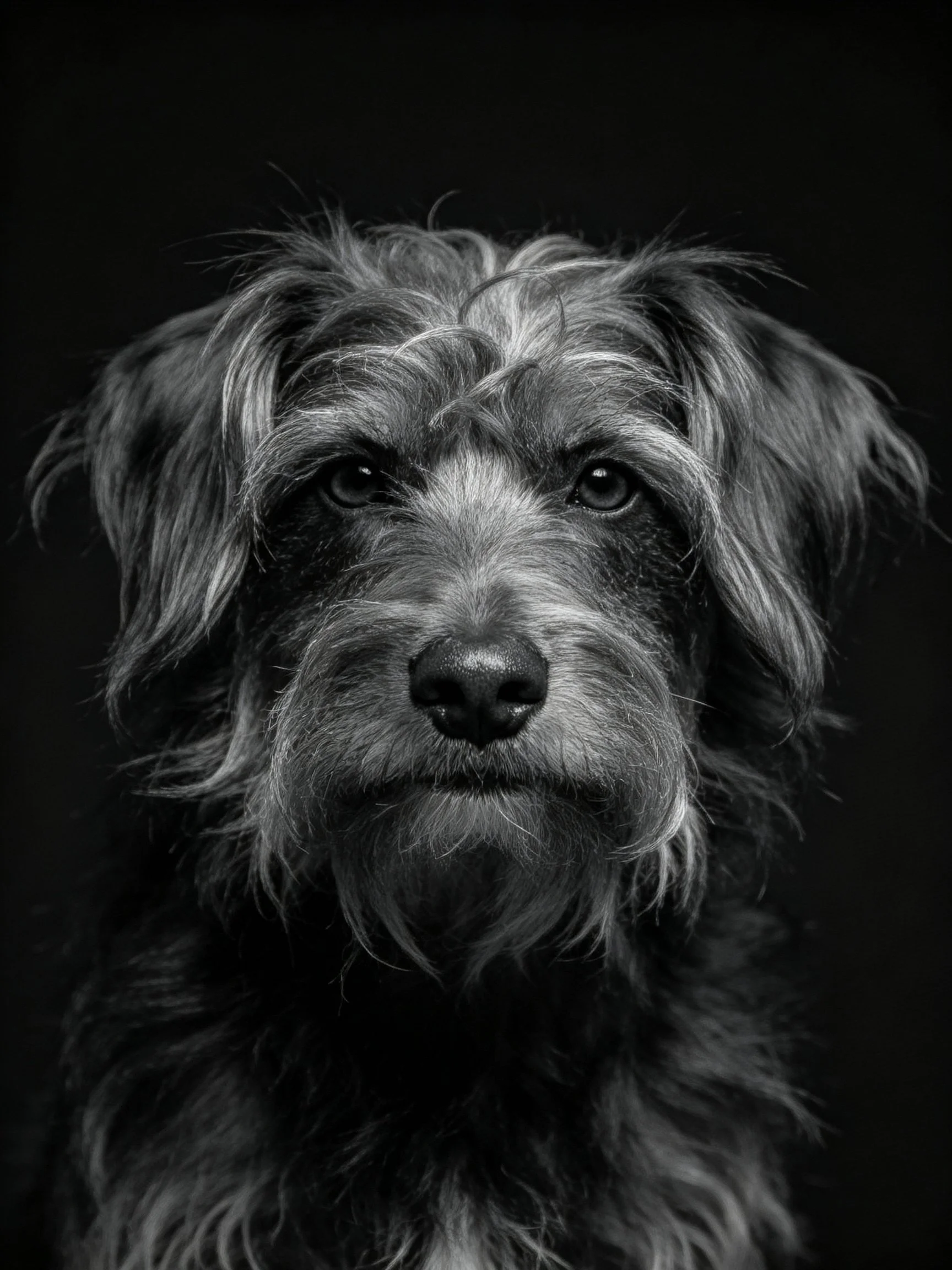 A close-up portrait of a shaggy-furred dog in monochrome