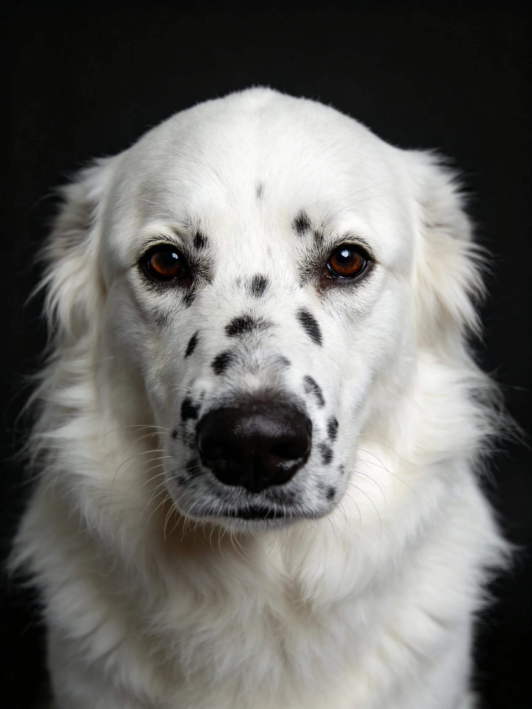 A close - up photograph displays a white dog with black facial markings.