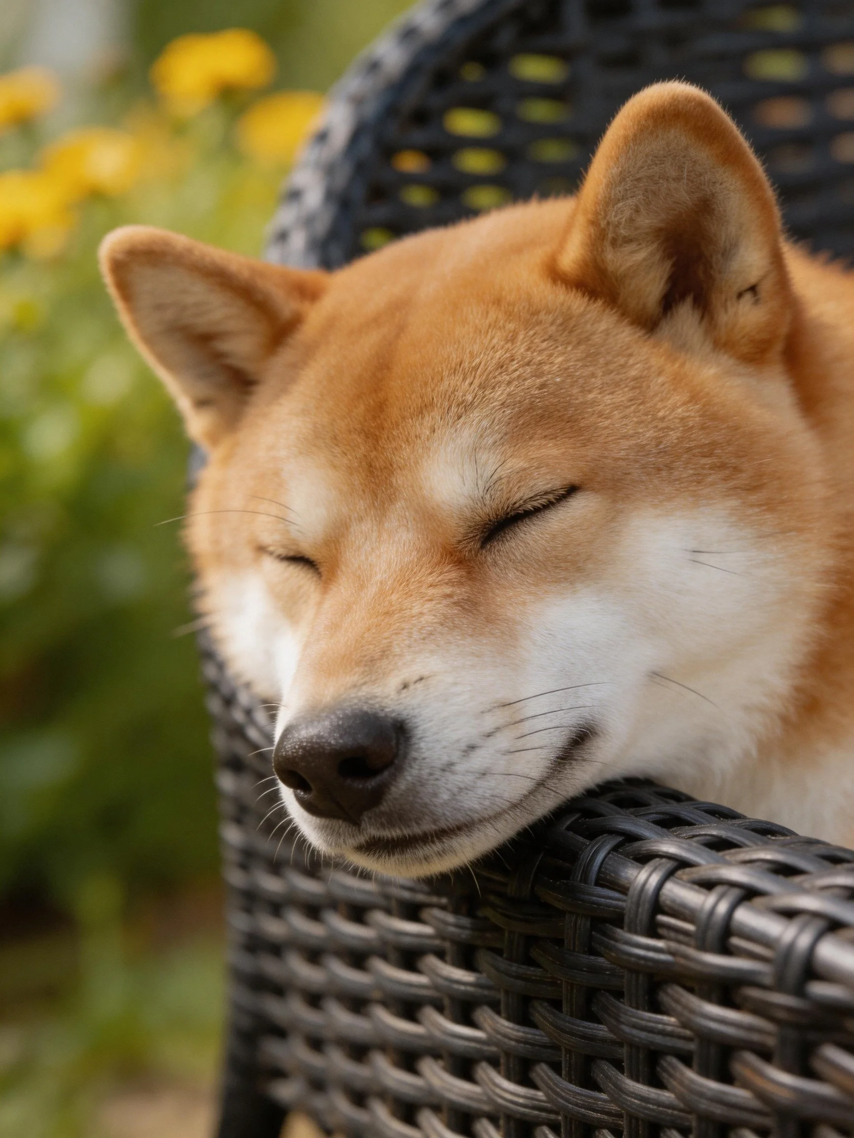 A content Shiba Inu naps on a dark wicker chair amid yellow flowers