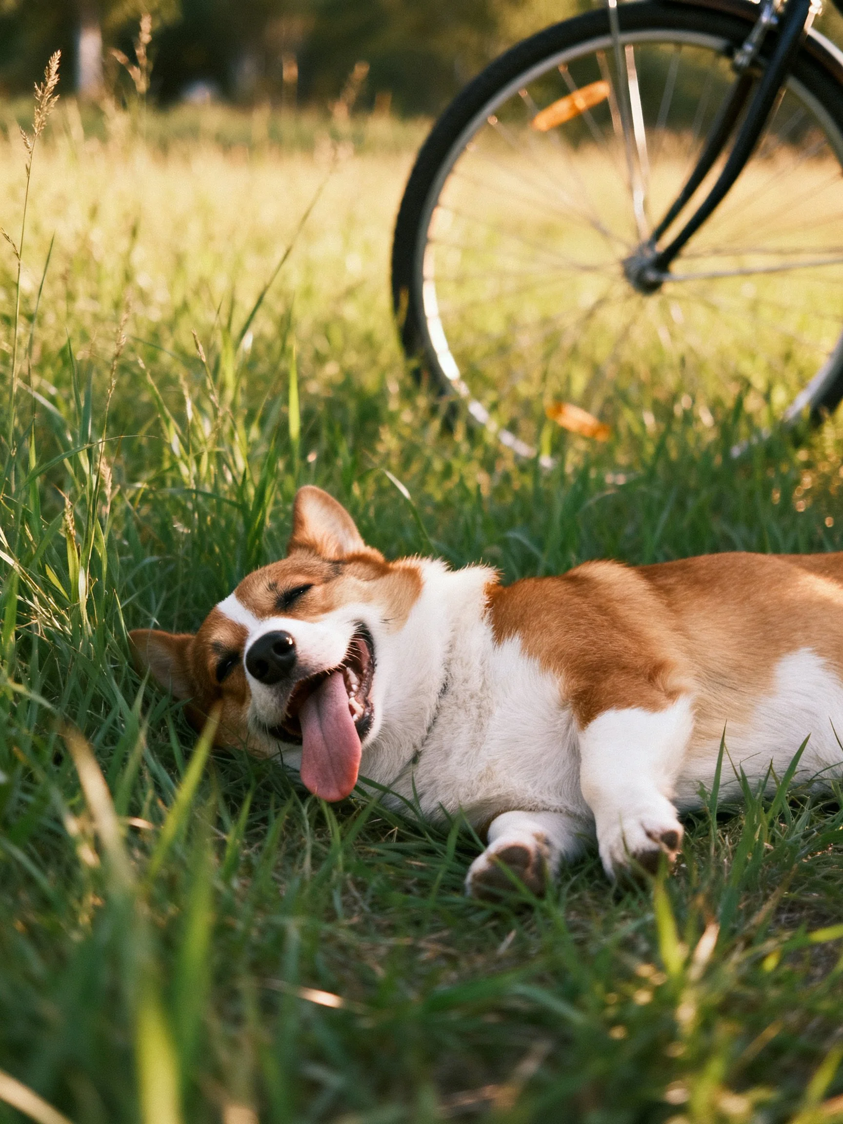 A content corgi resting on tall green grass near a bicycle wheel