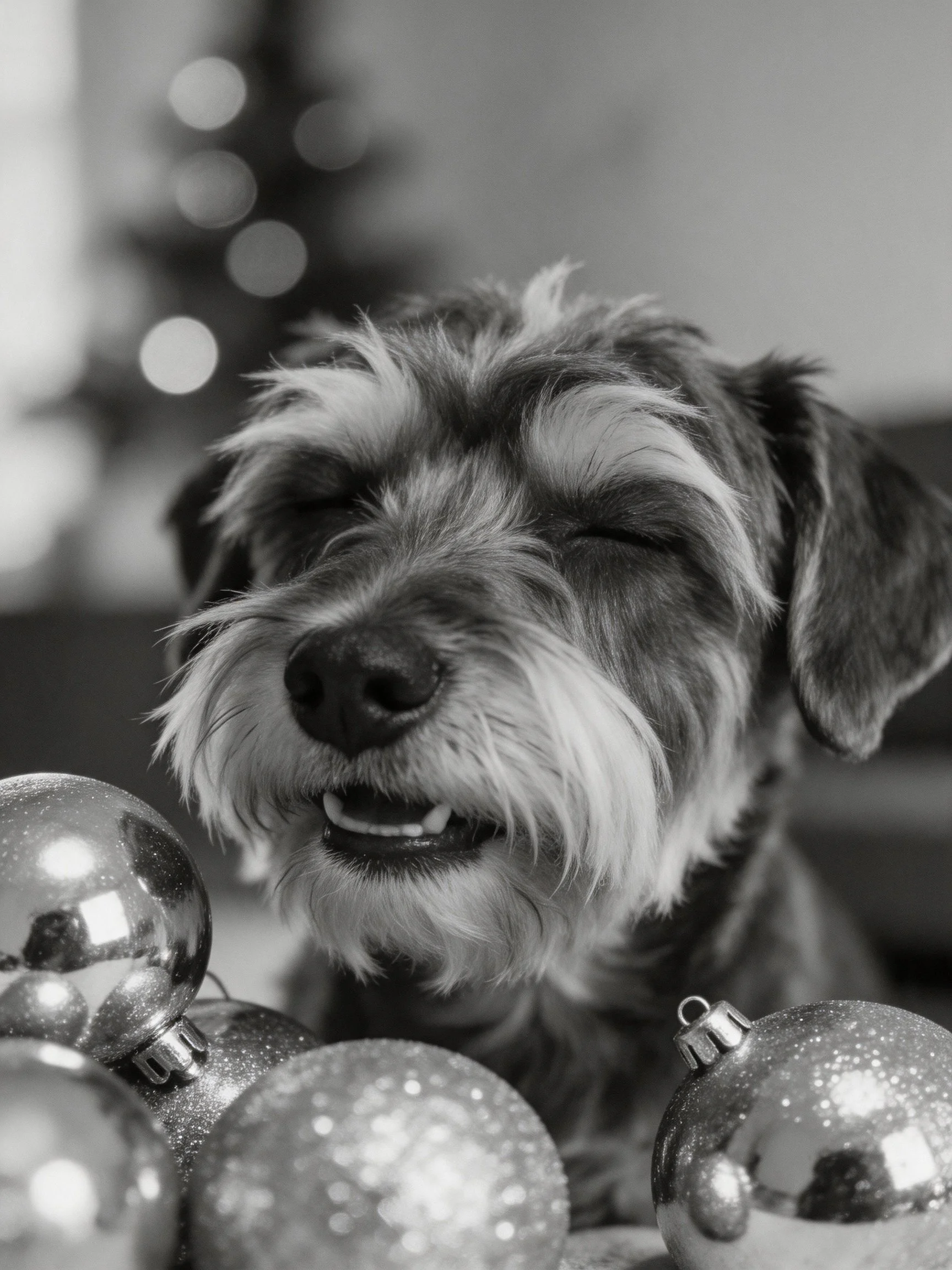 A content dog sits among shiny ornaments with a blurred Christmas tree in the background.
