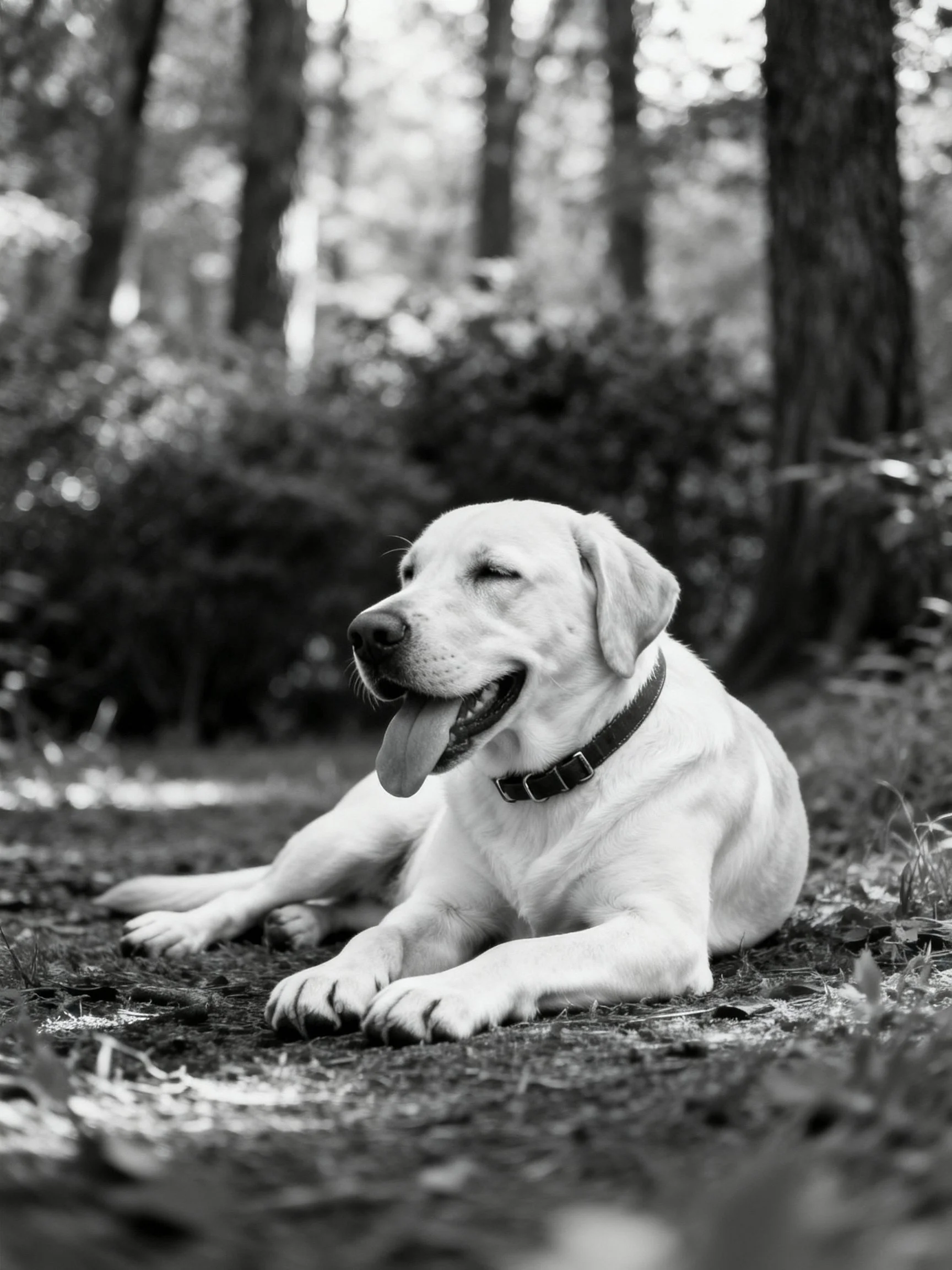 A dog relaxes peacefully in a forested outdoor area.