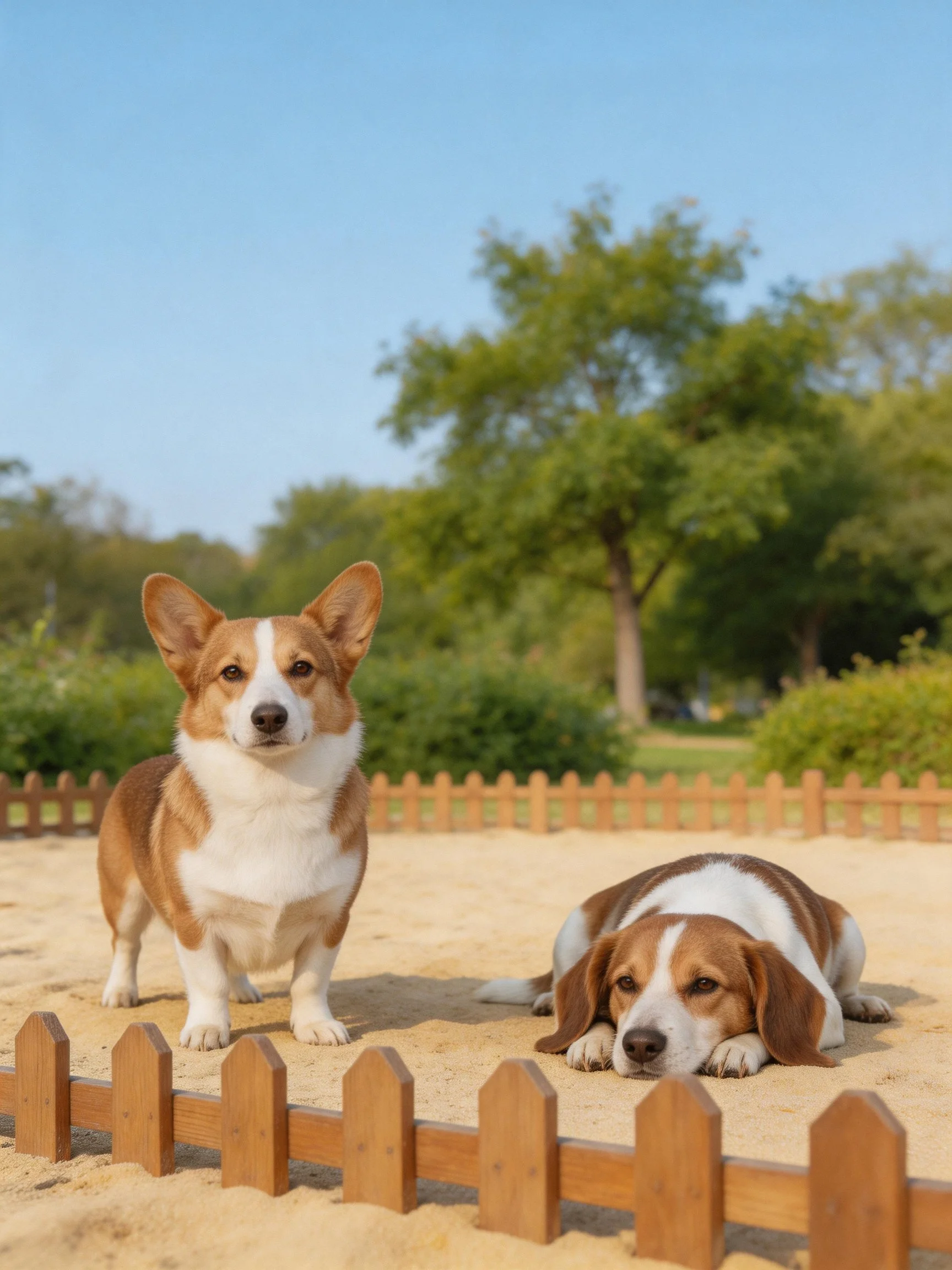 A corgi stands while a beagle rests in a sunny fenced park area.