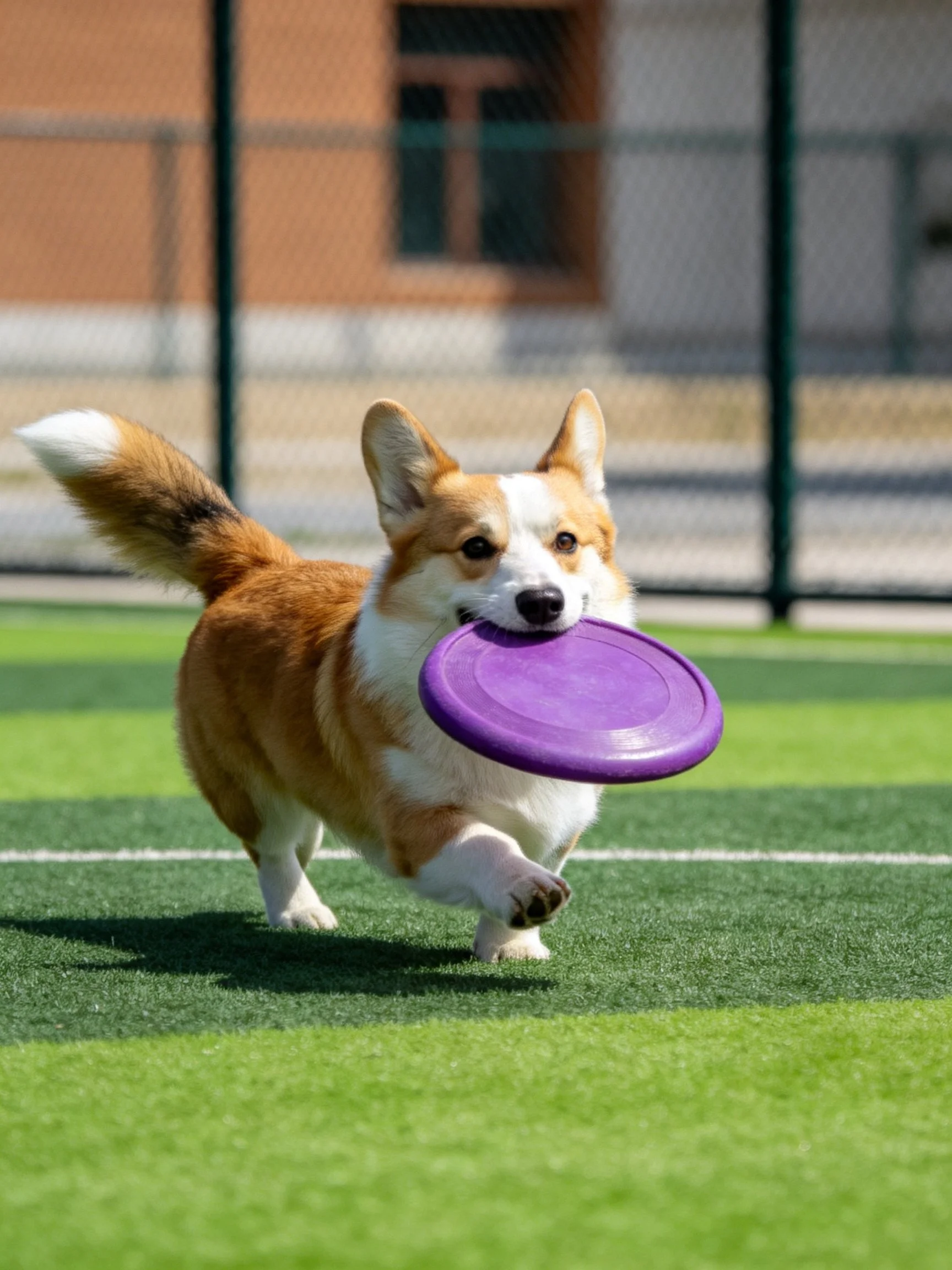 A corgi carrying a purple frisbee on an artificial green sports field