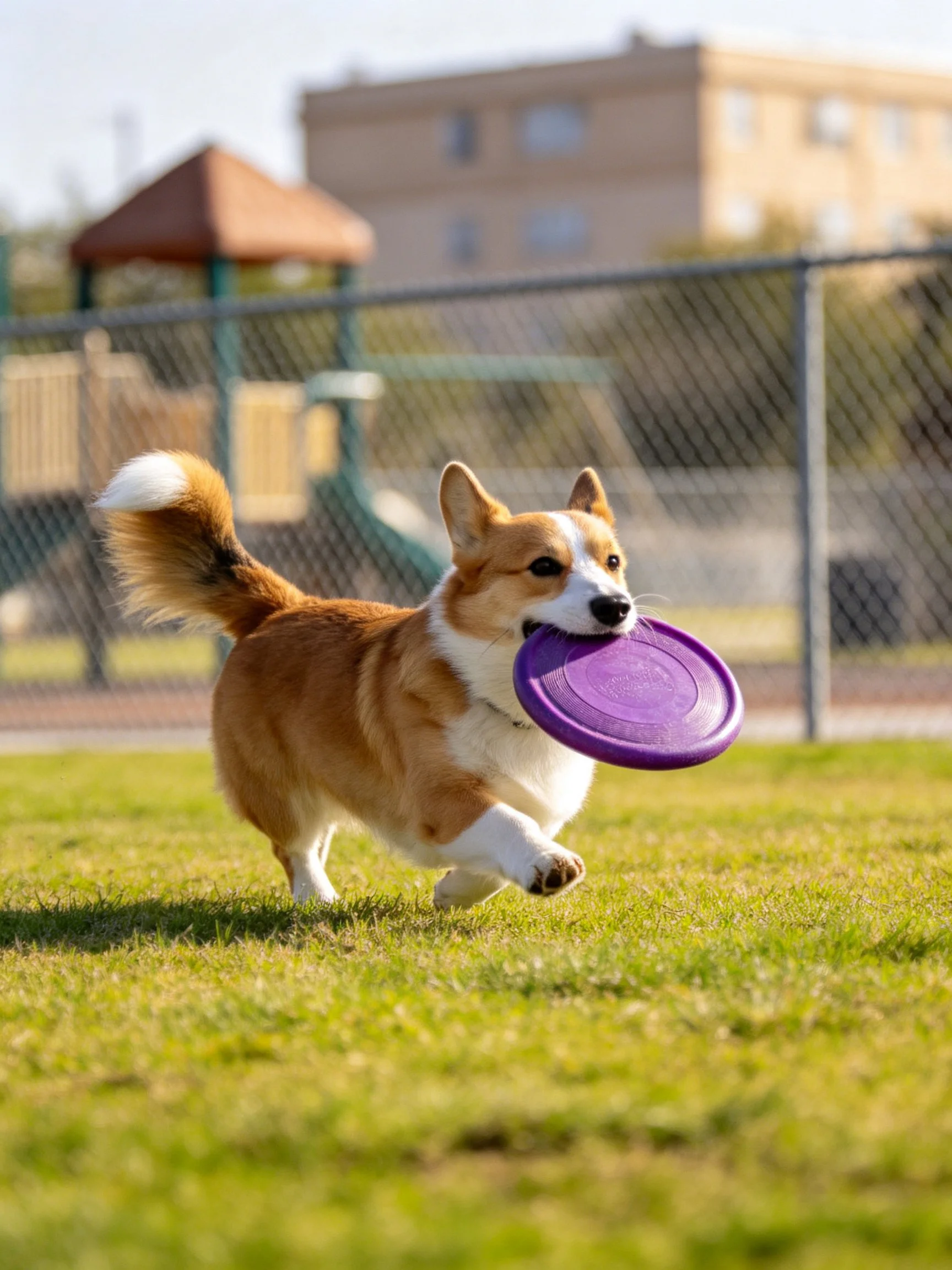 A corgi dog carrying a purple frisbee in a sunny park