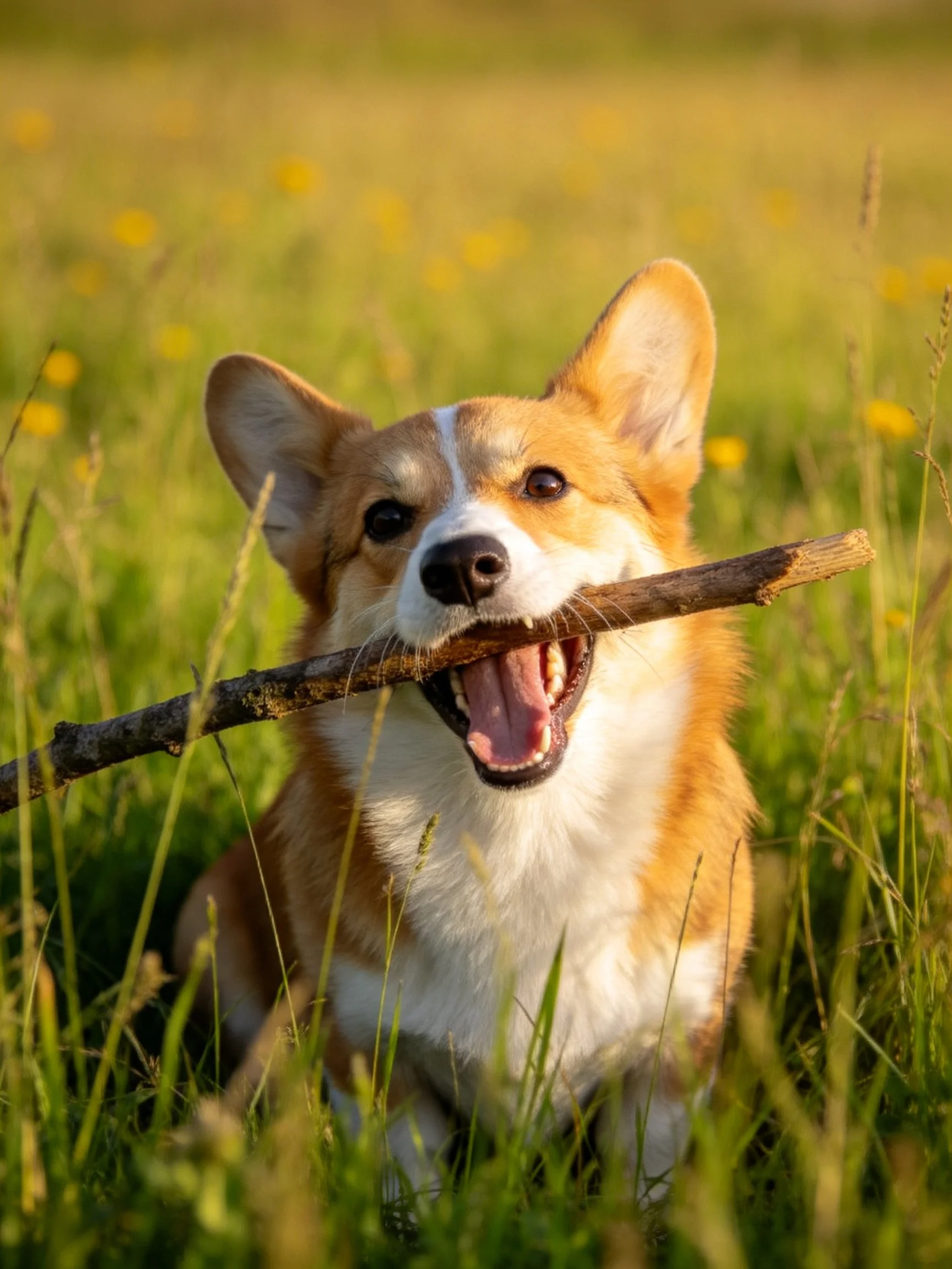 A corgi dog carrying a wooden stick in a grassy meadow