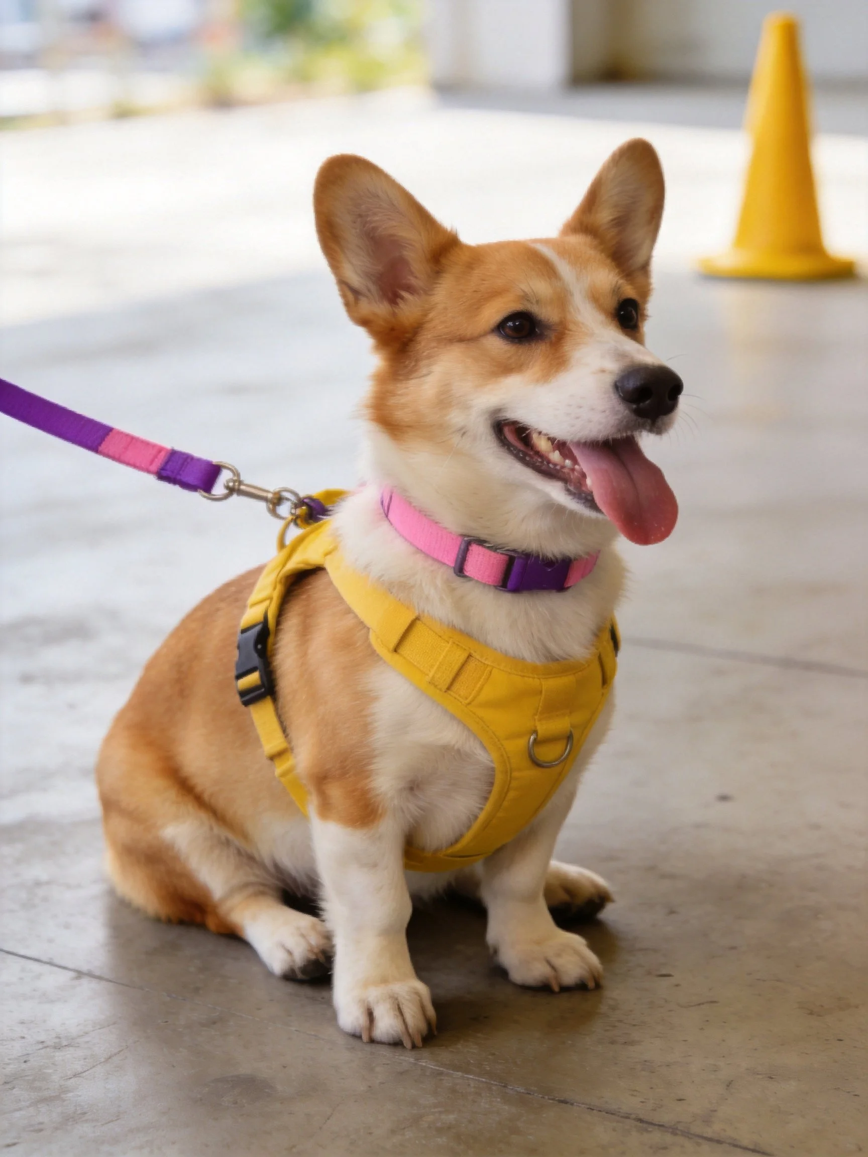 A corgi dog in a yellow harness sits on concrete near a yellow cone
