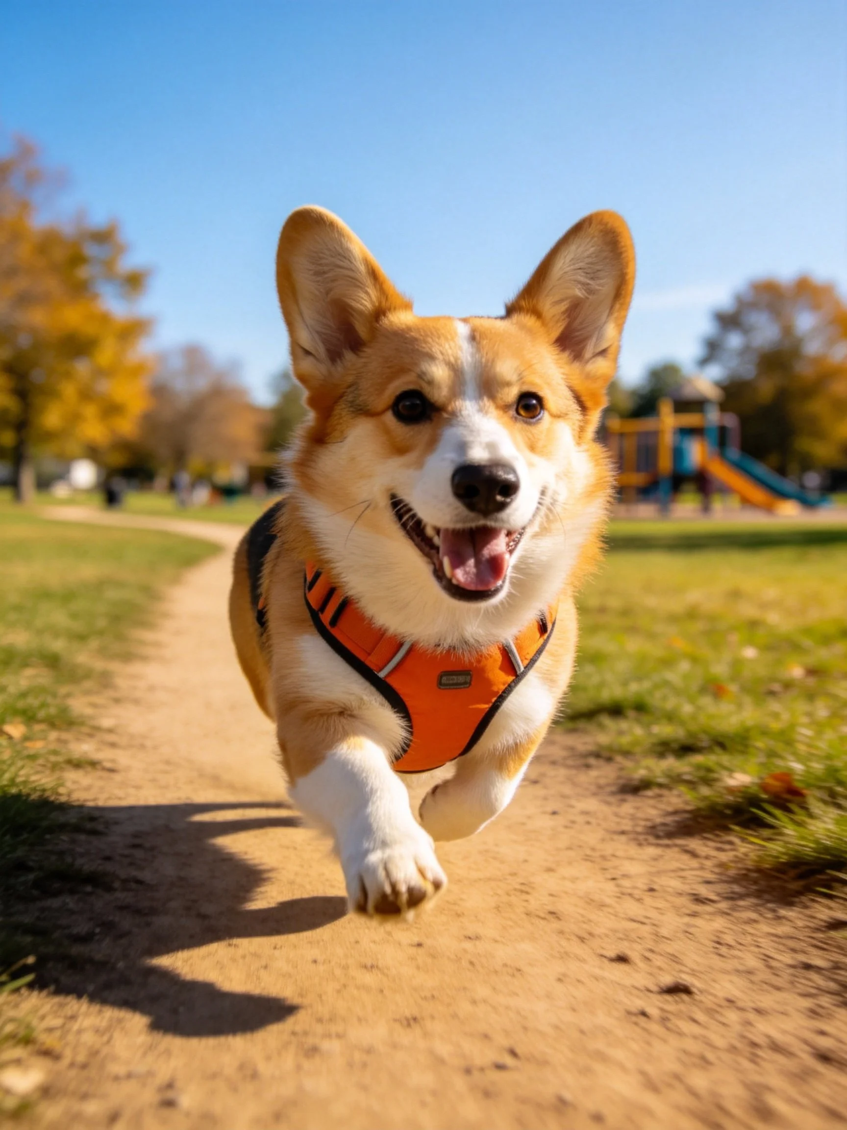 A corgi dog in an orange harness runs along a dirt path in a sunny park