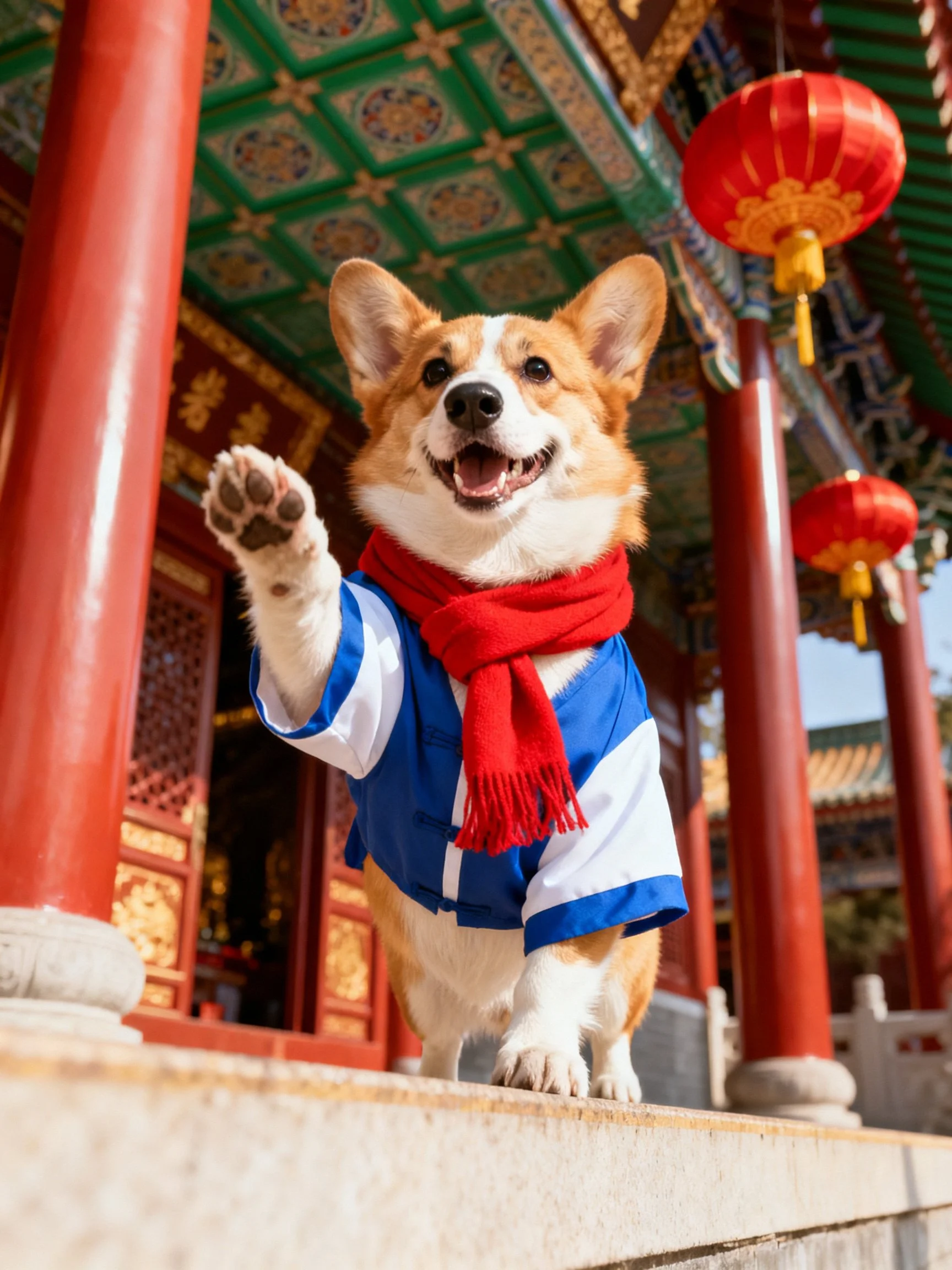 A corgi dog in blue clothing waves near ornate traditional architecture