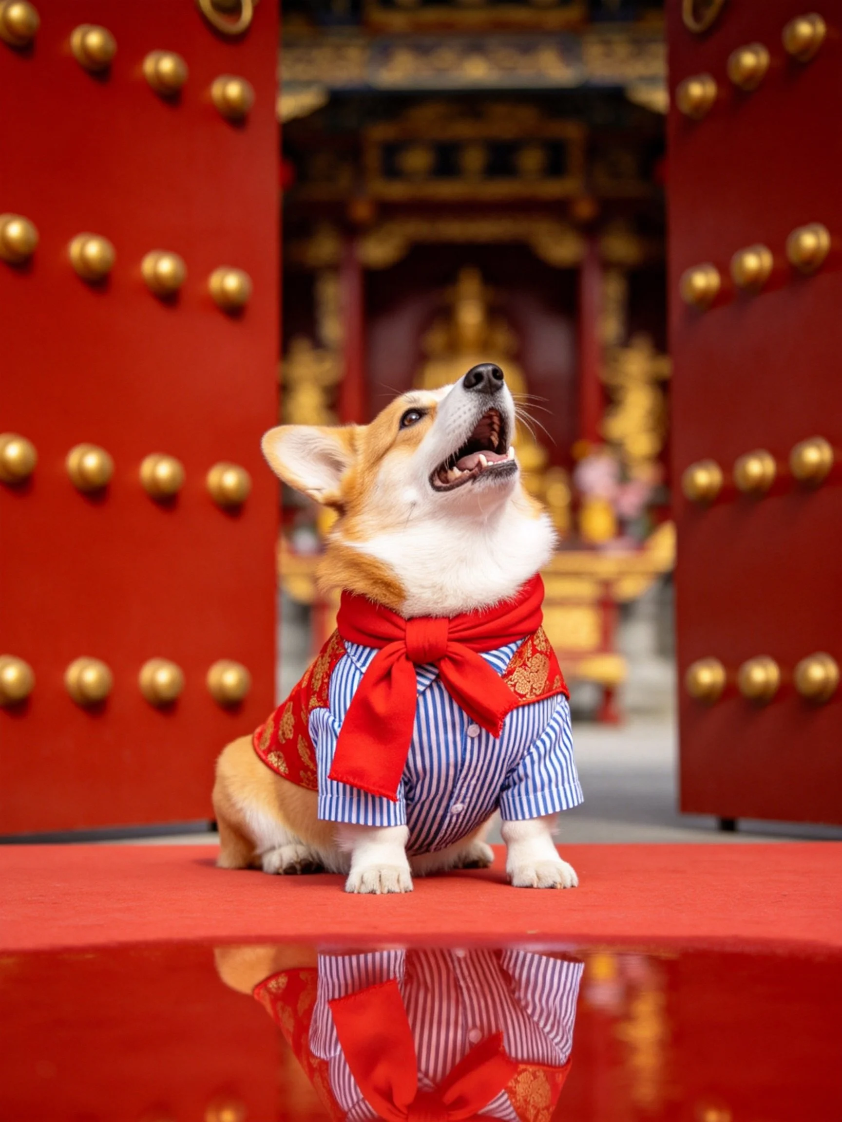 A corgi dog in blue striped clothes and red scarf near red gates