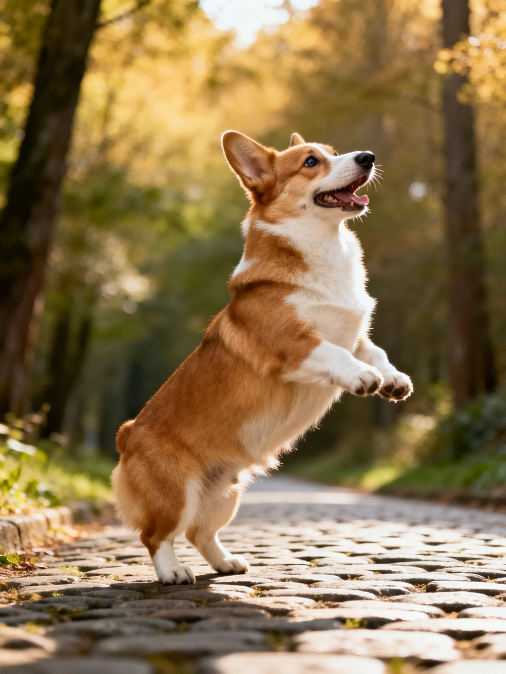 A corgi dog leaps joyfully on a cobblestone path in a sunlit forest