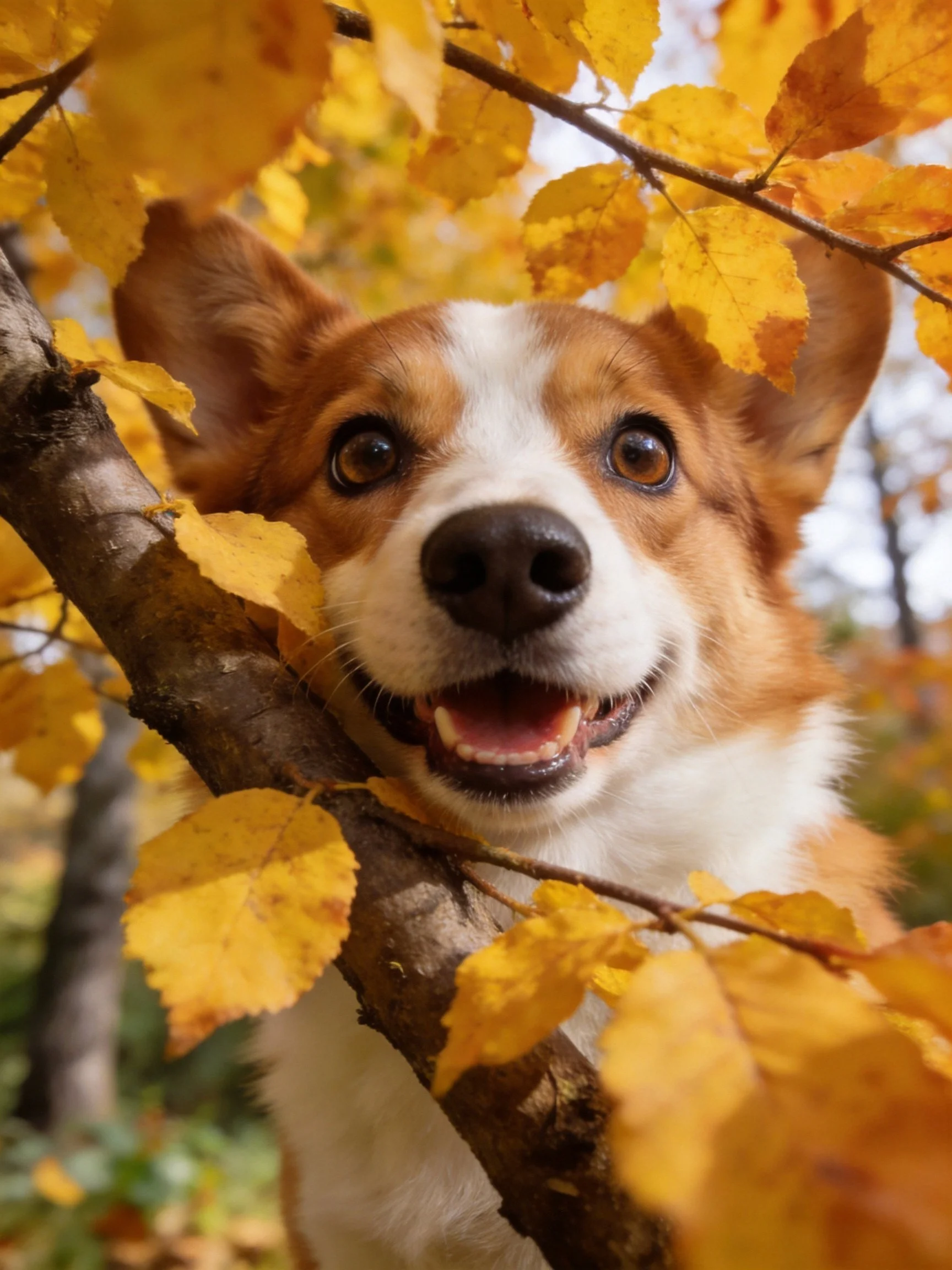 A corgi dog nestled among golden autumn leaves near tree branches