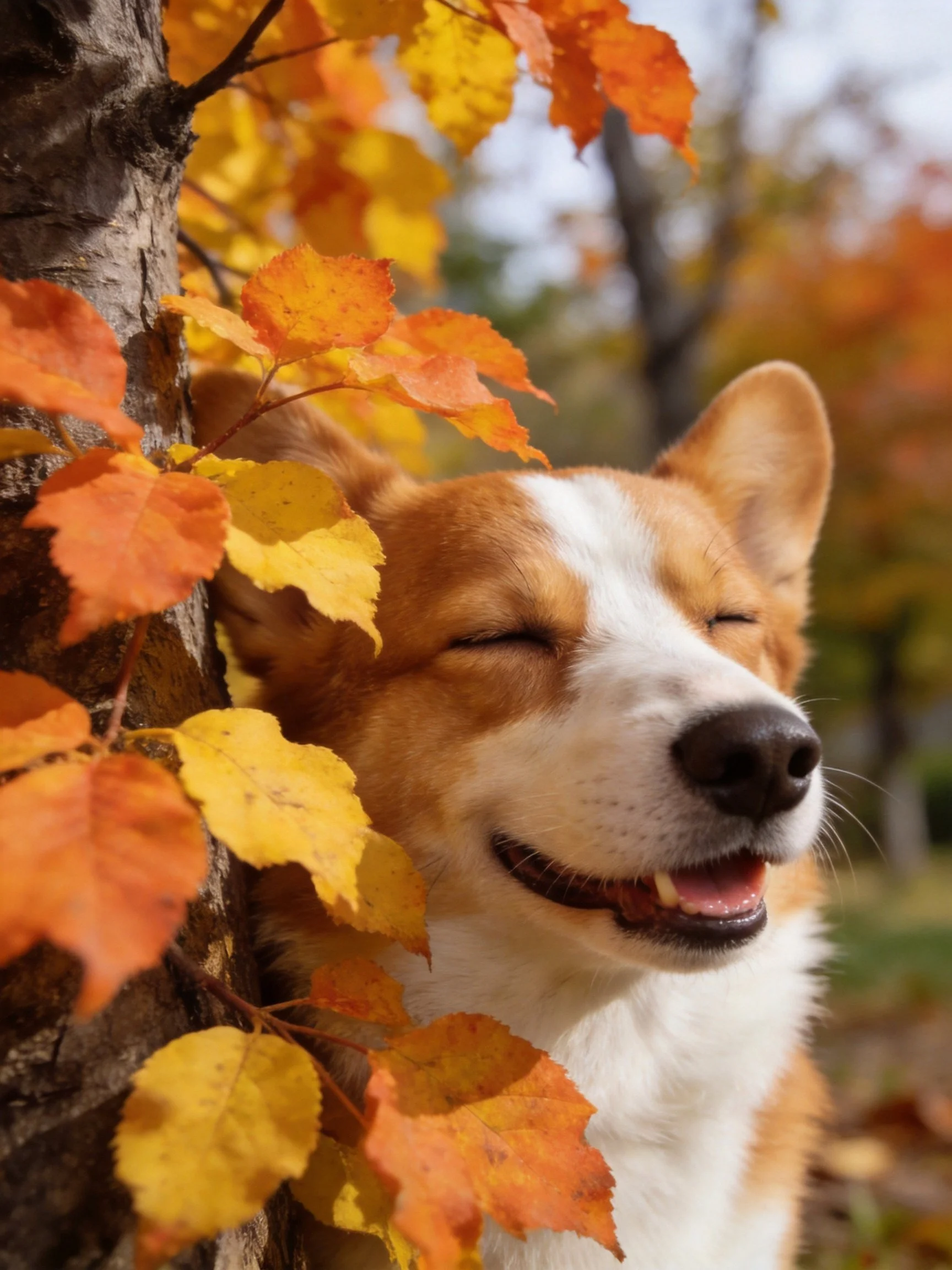 A corgi dog relaxes amid colorful autumn foliage near a tree trunk.