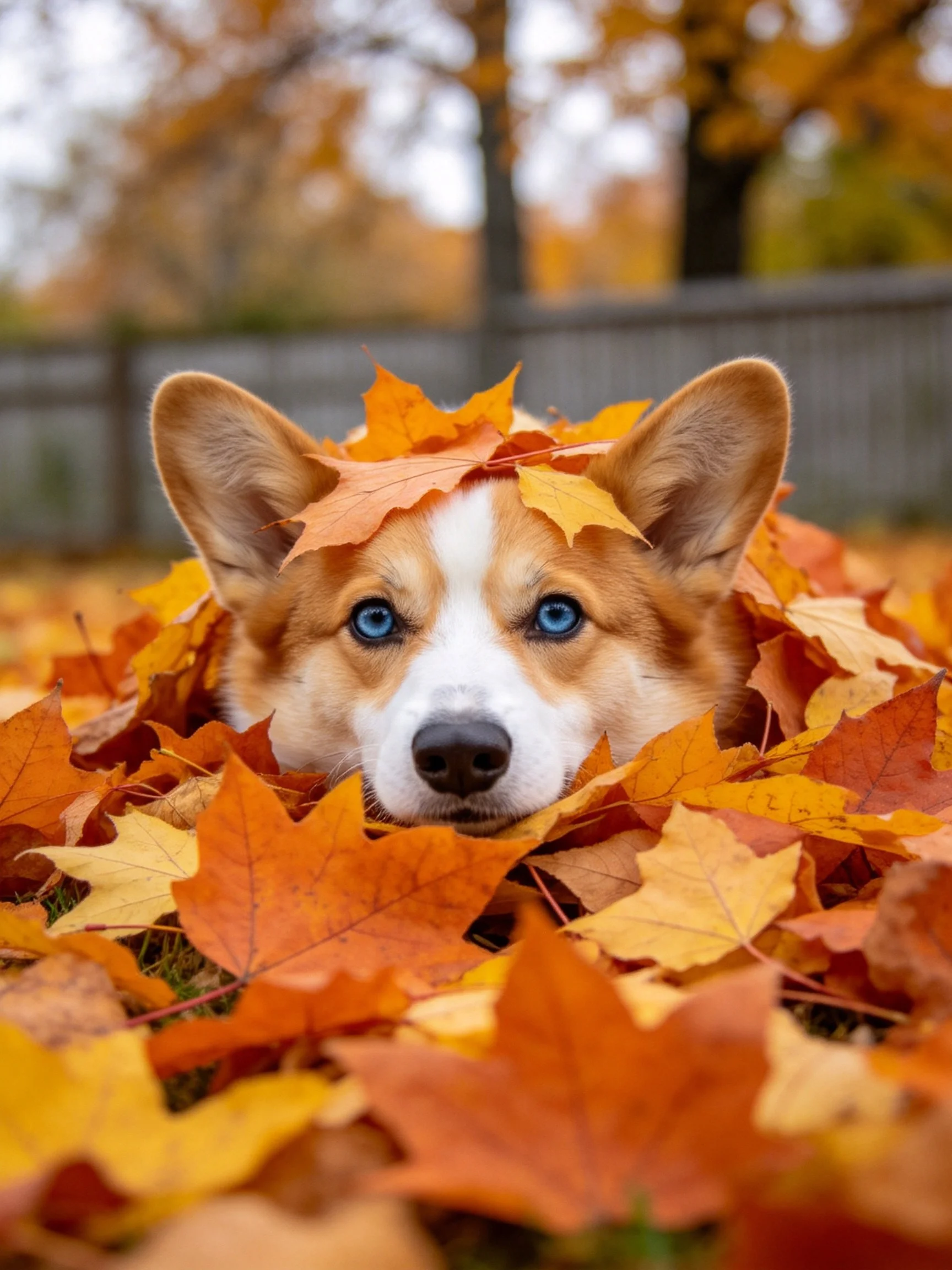 A corgi dog peeking from a pile of orange and yellow autumn leaves
