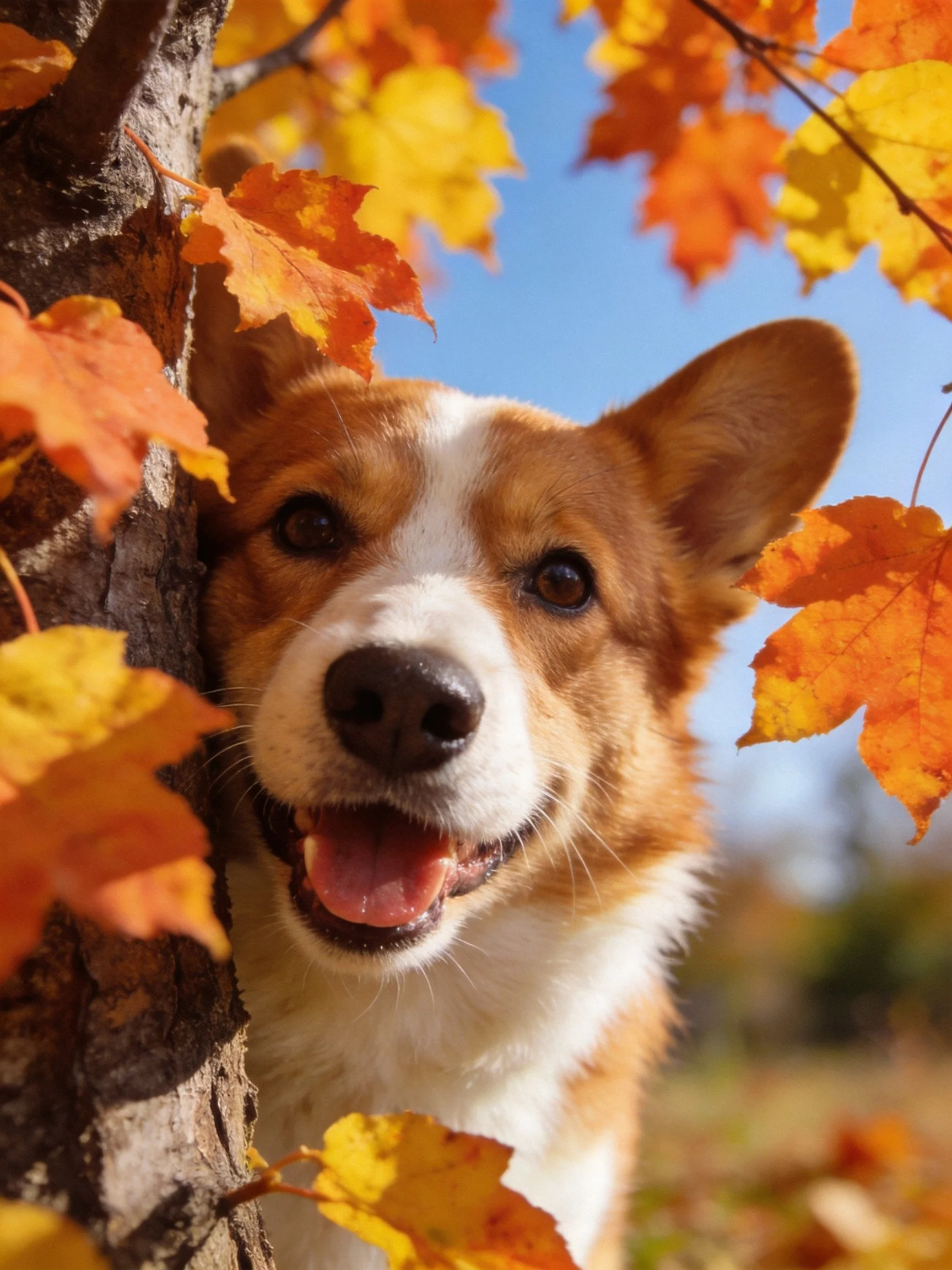 A corgi dog peeks from behind a tree amidst colorful autumn foliage.