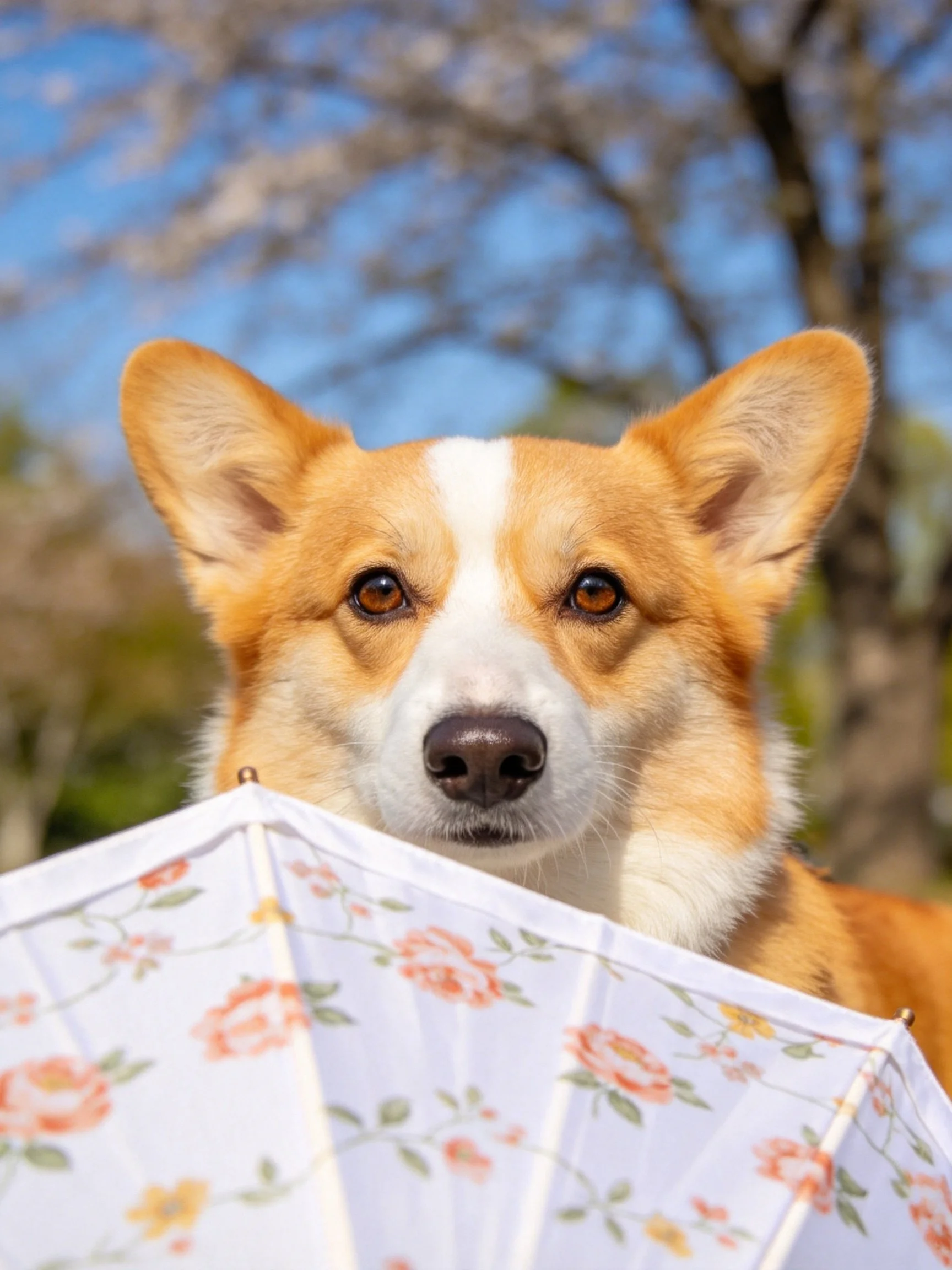 A corgi dog is partially hidden by a white floral umbrella in an outdoor environment.