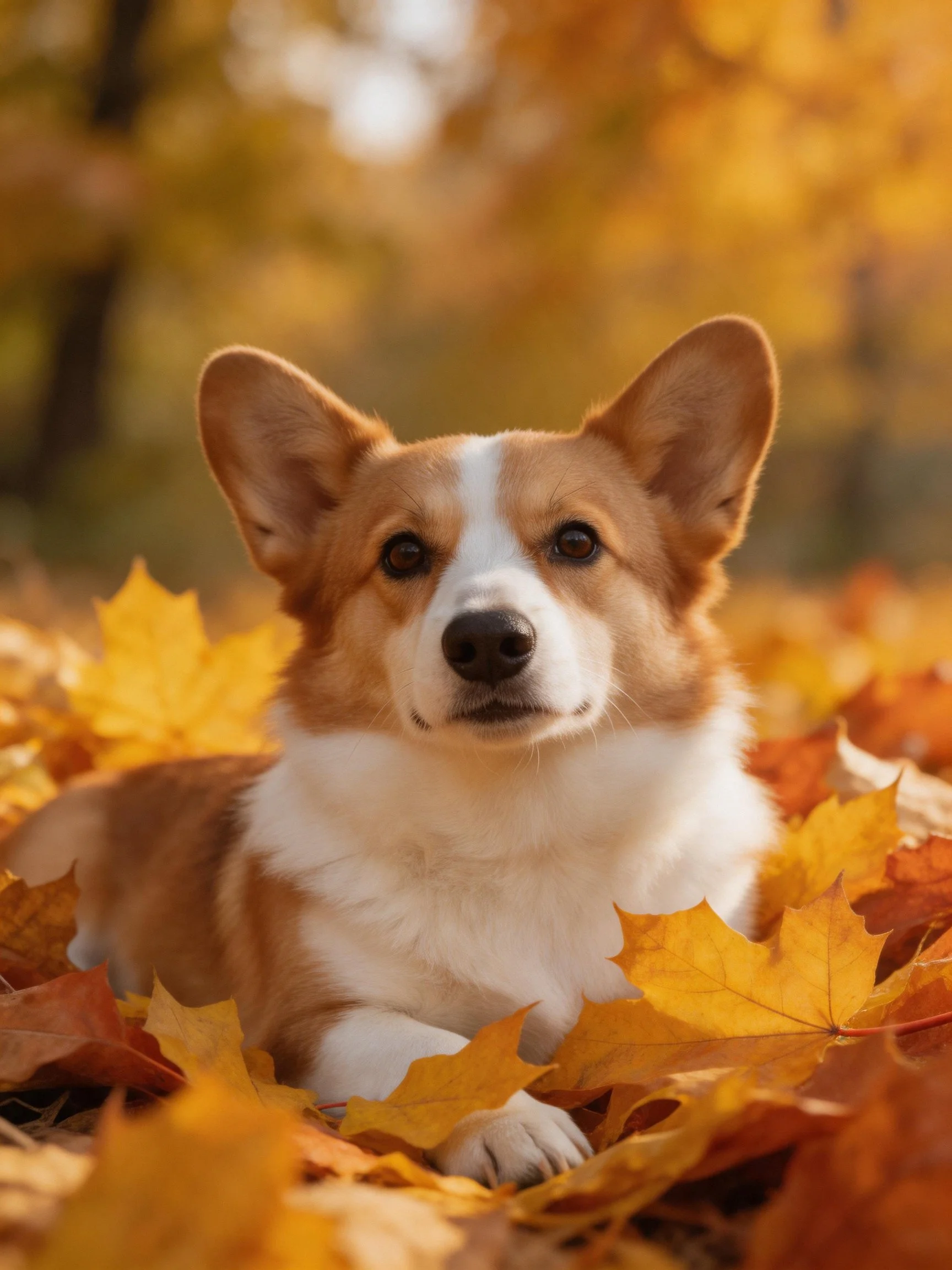 A corgi dog lies peacefully among fallen autumn leaves in a sunlit forest.