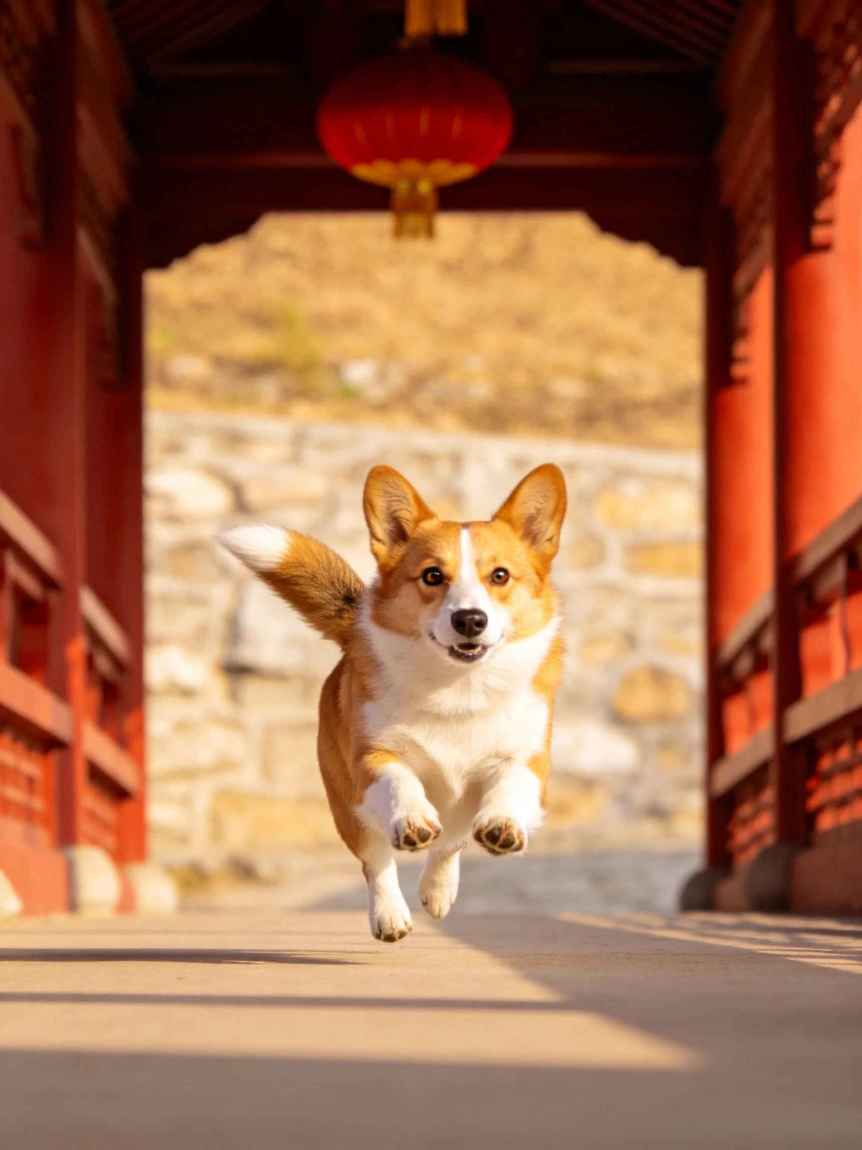 A corgi dog leaps through a traditional red archway with a hanging lantern