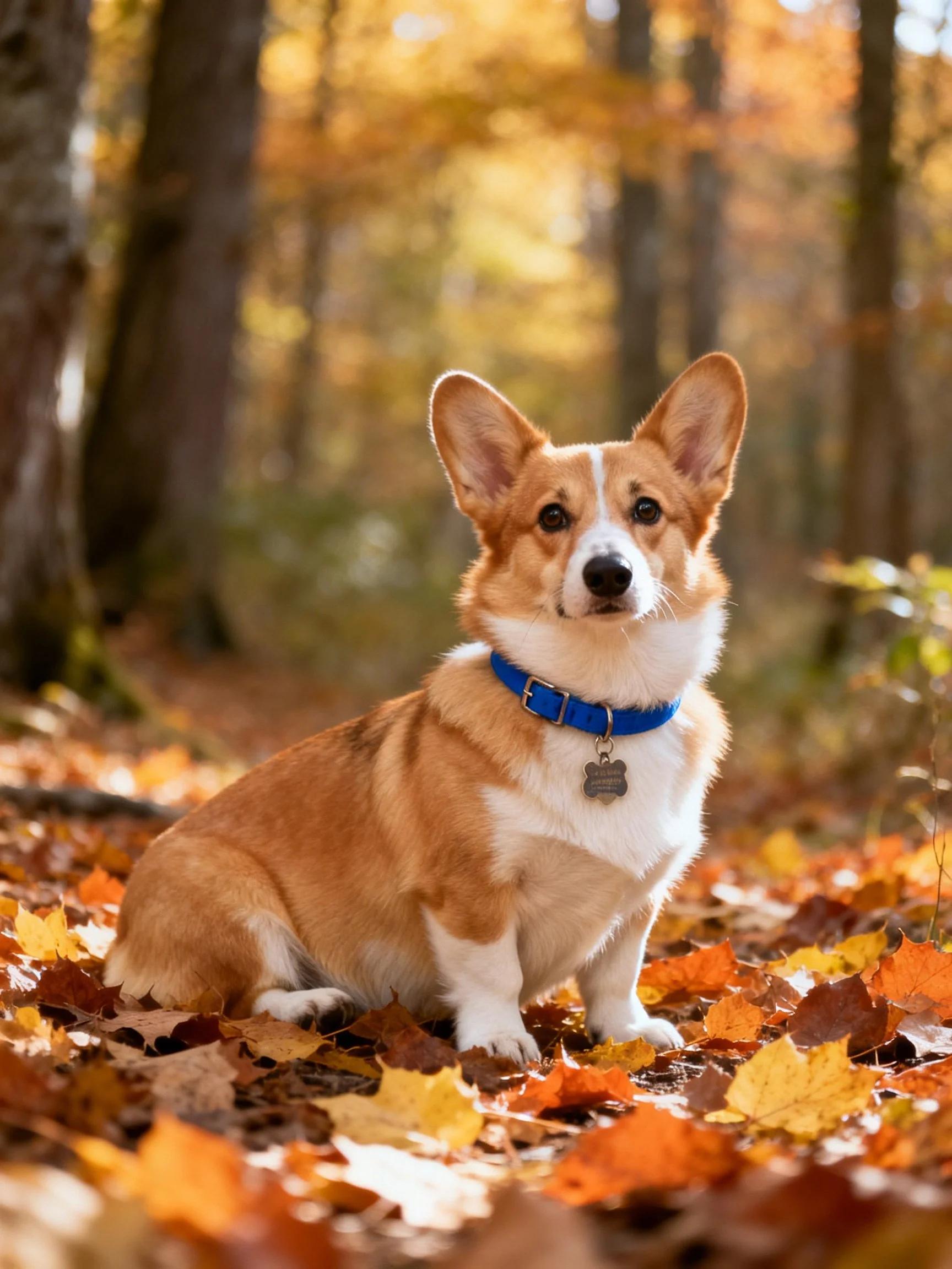 A corgi dog sits amid vibrant fall foliage in a forest