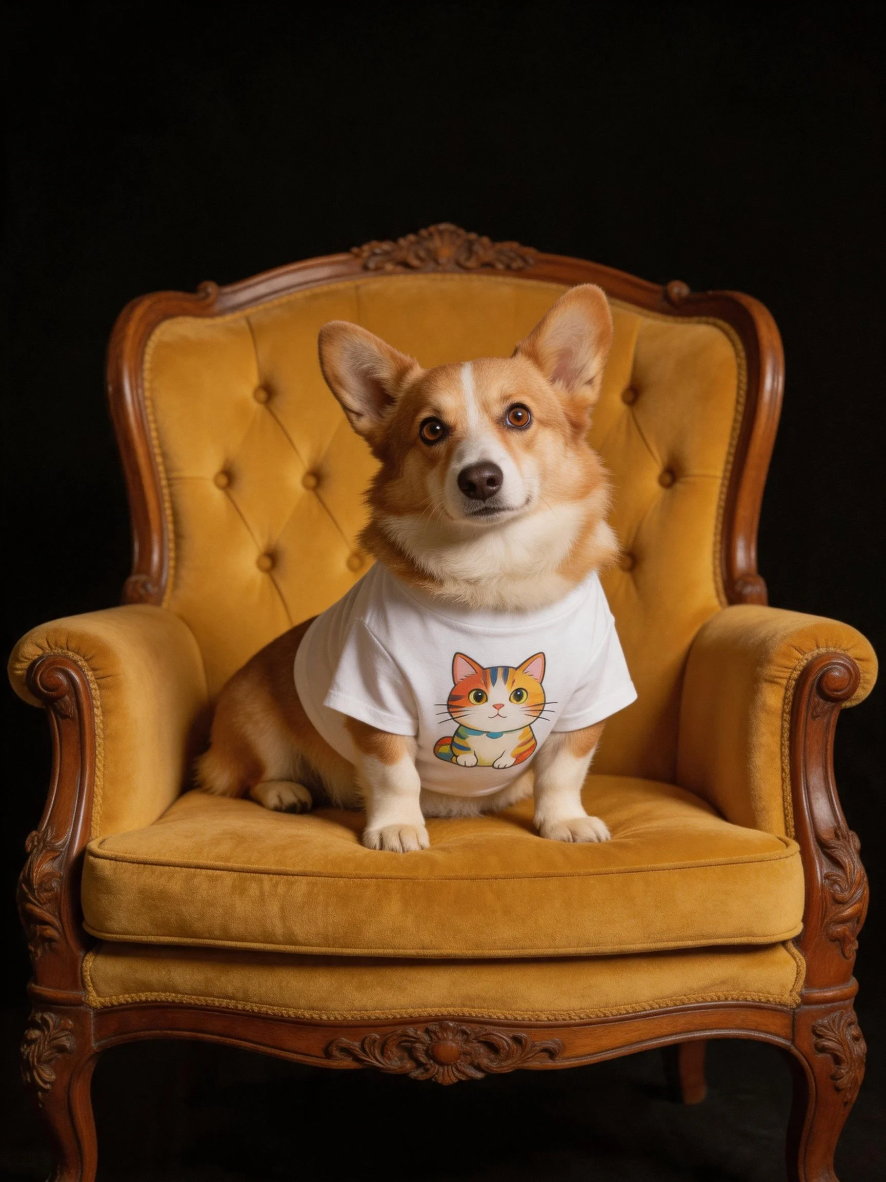 A corgi dog sits on a tufted yellow armchair wearing a cat-themed t-shirt.