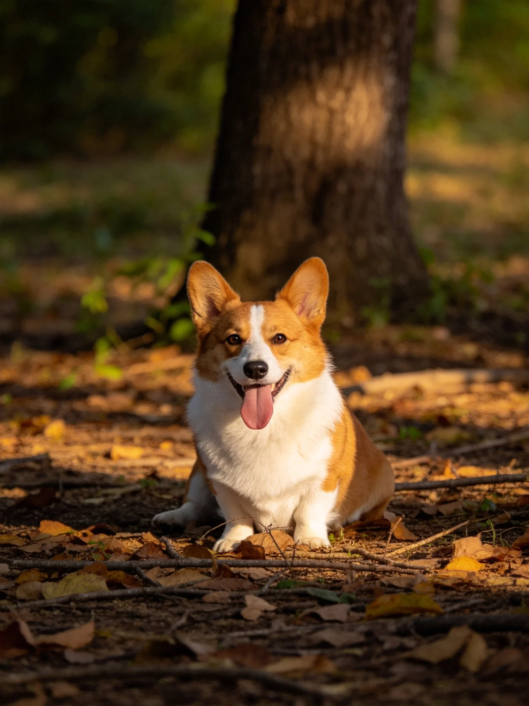 A corgi dog sitting among fallen autumn leaves near a tree trunk