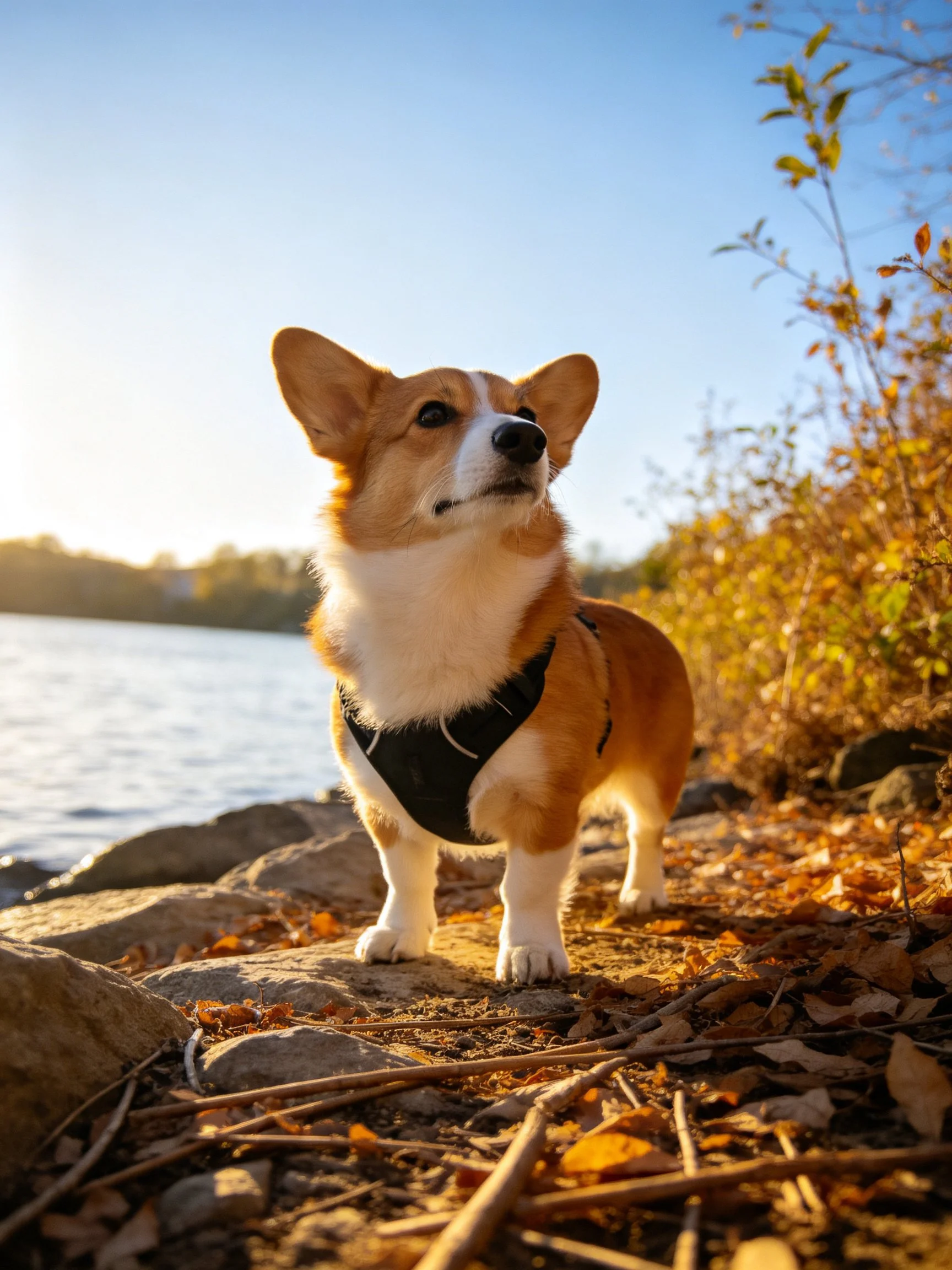 A corgi dog stands on a rocky shoreline surrounded by autumn foliage and near calm water.