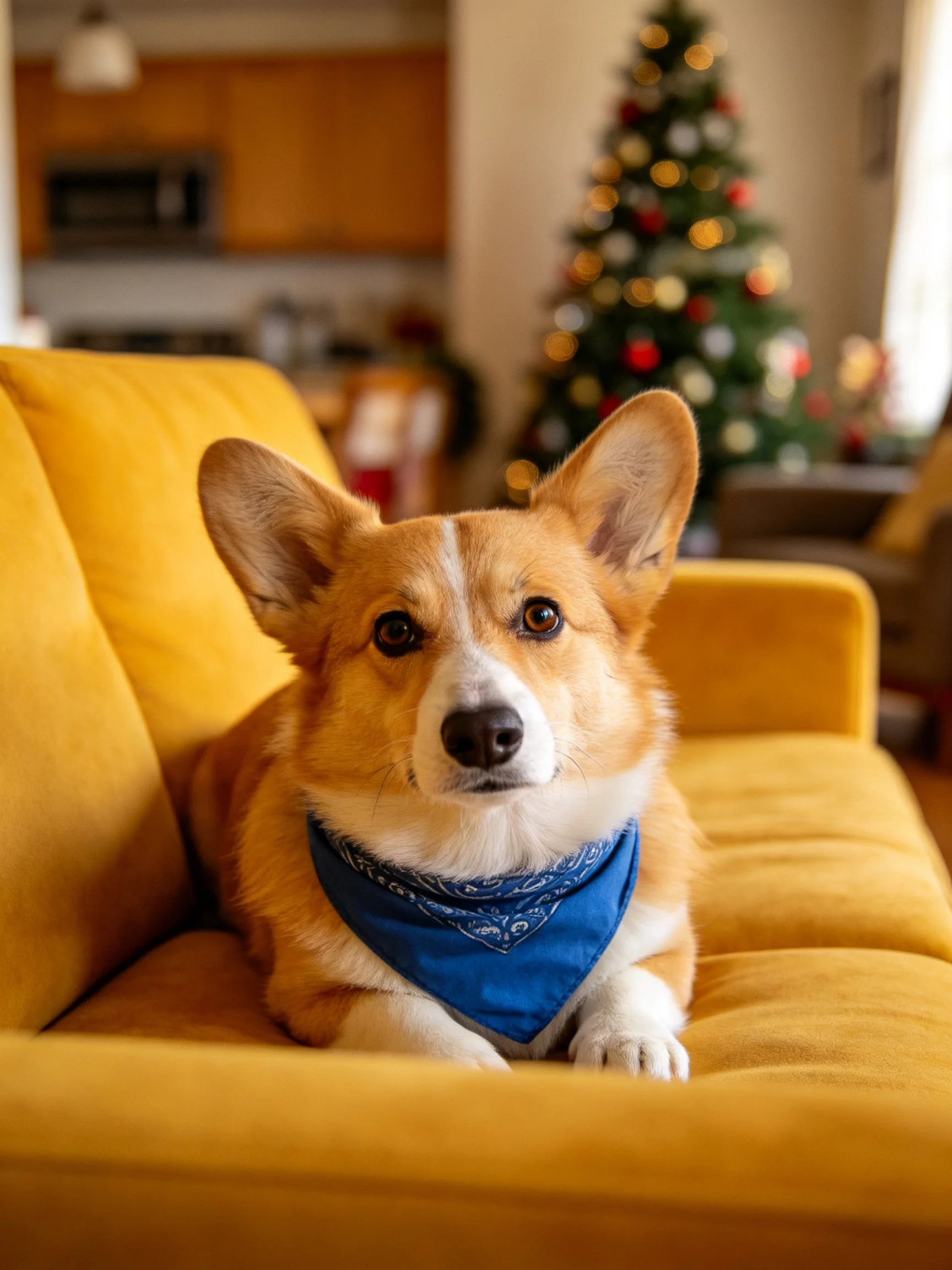 A corgi dog wearing a blue bandana lies on a yellow couch near a decorated Christmas tree