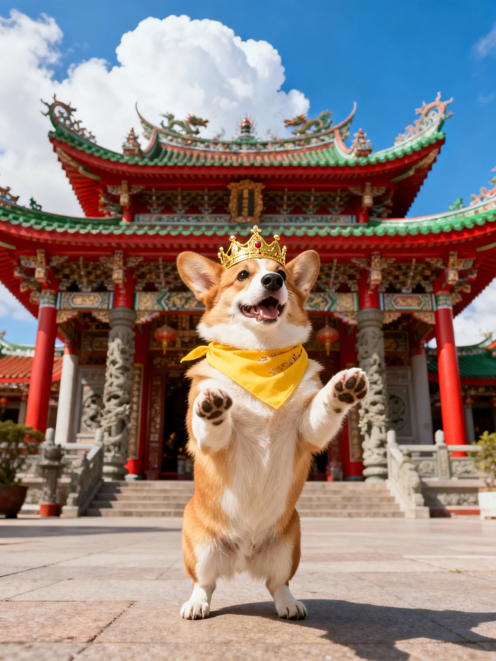 A corgi dog wearing a golden crown near traditional Chinese temple