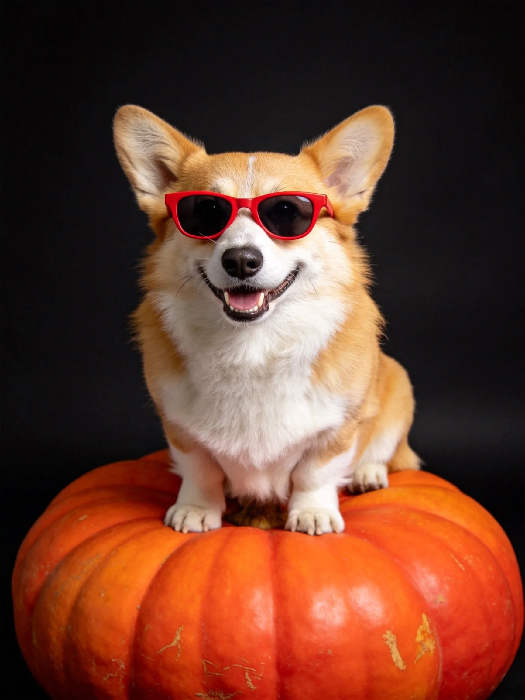 A corgi dog wearing red sunglasses sits atop an orange pumpkin