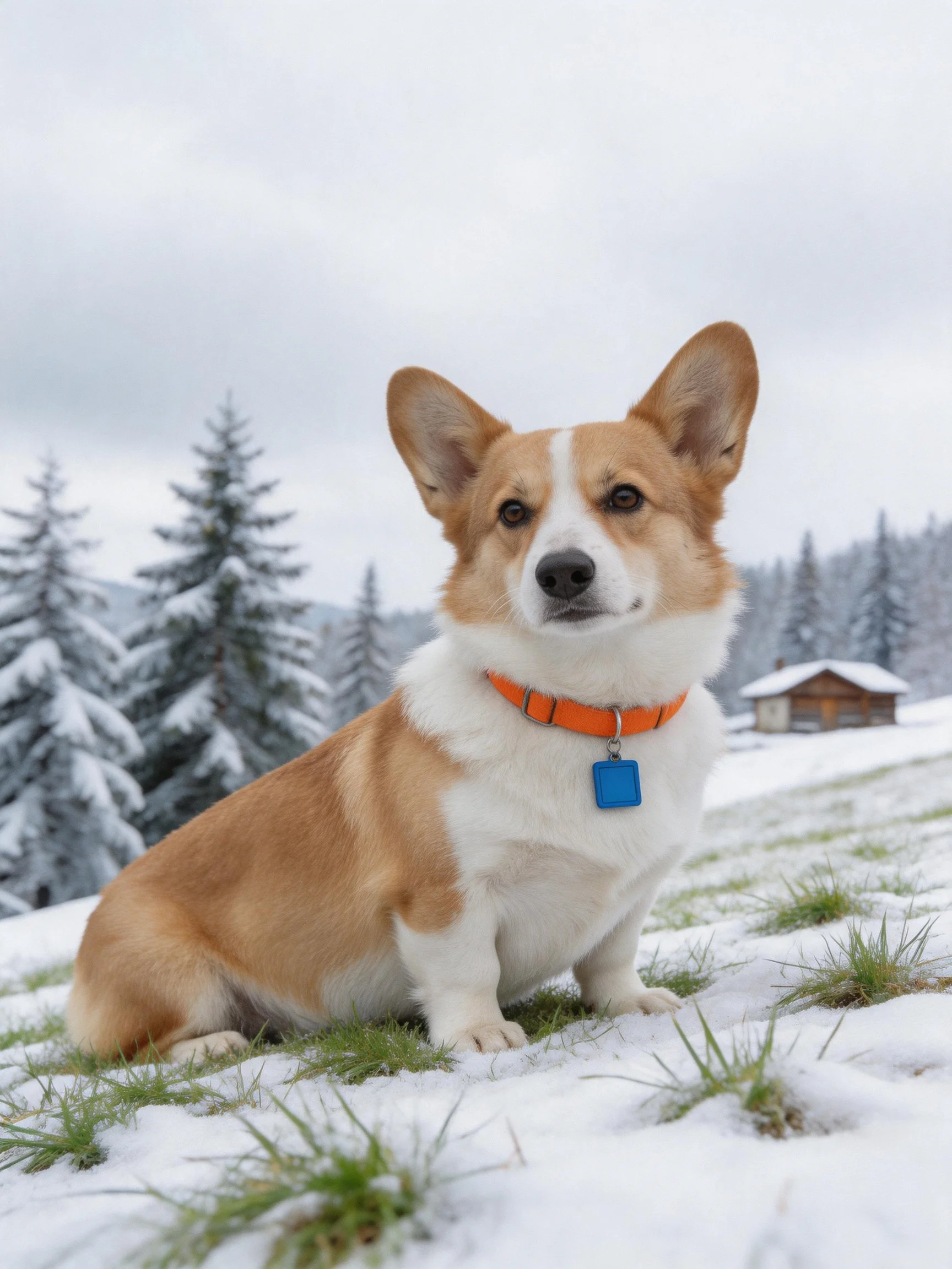 A corgi dog with an orange collar sits in a snowy landscape featuring trees and a cabin