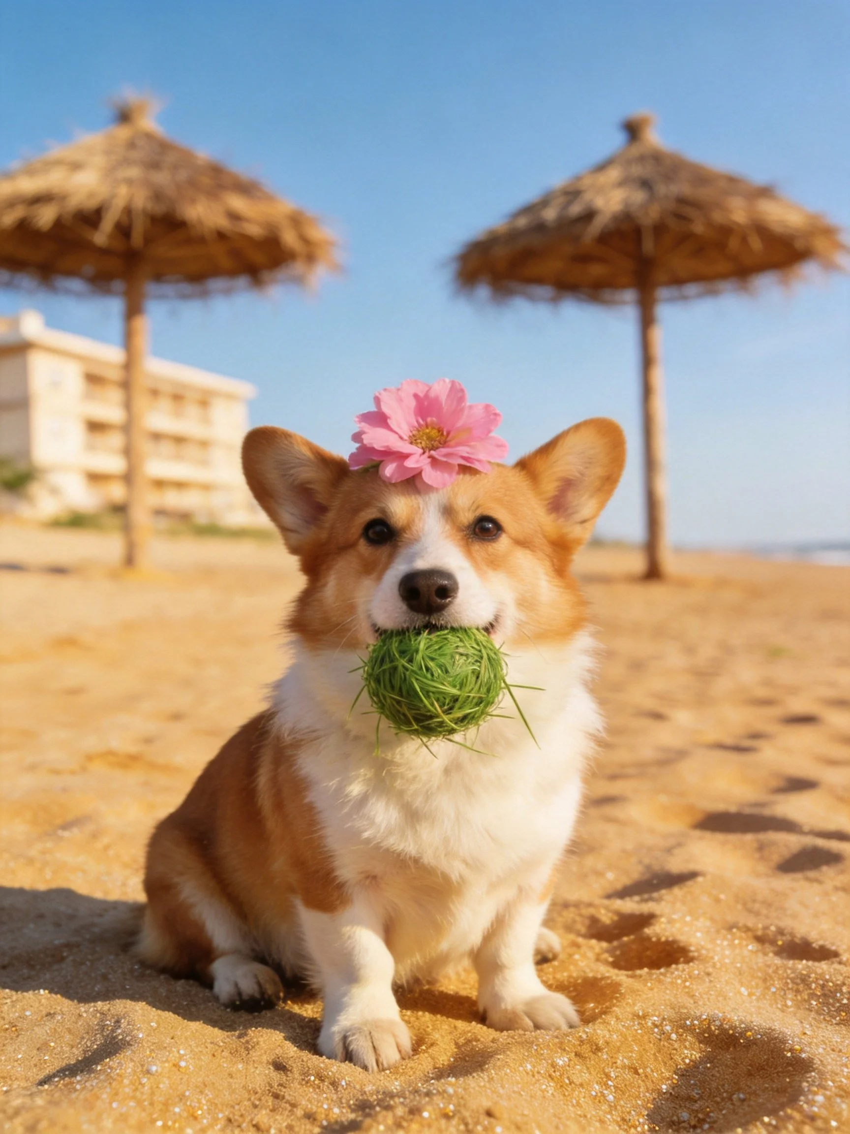 A corgi holds a green ball while wearing a pink flower, sitting on a sandy beach with straw umbrellas.