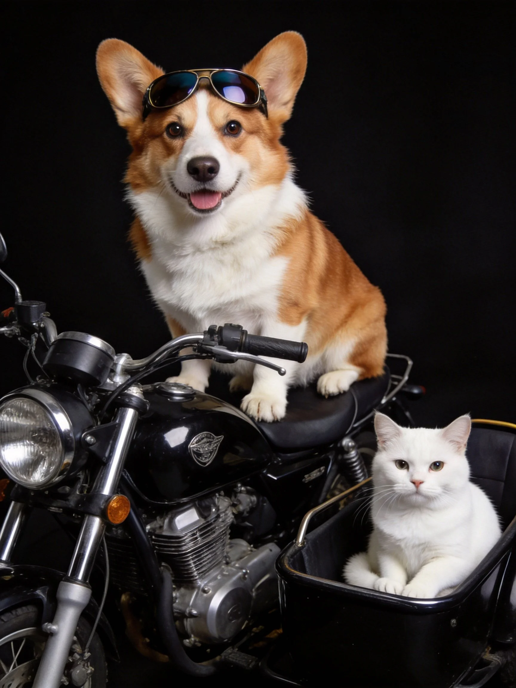 A corgi dog with sunglasses sits on a black motorcycle near a white cat