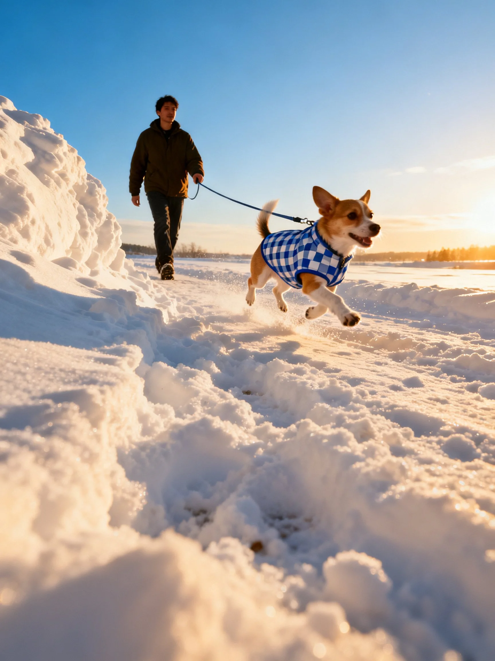 A corgi in a checkered vest runs along a snowy path while a person walks nearby