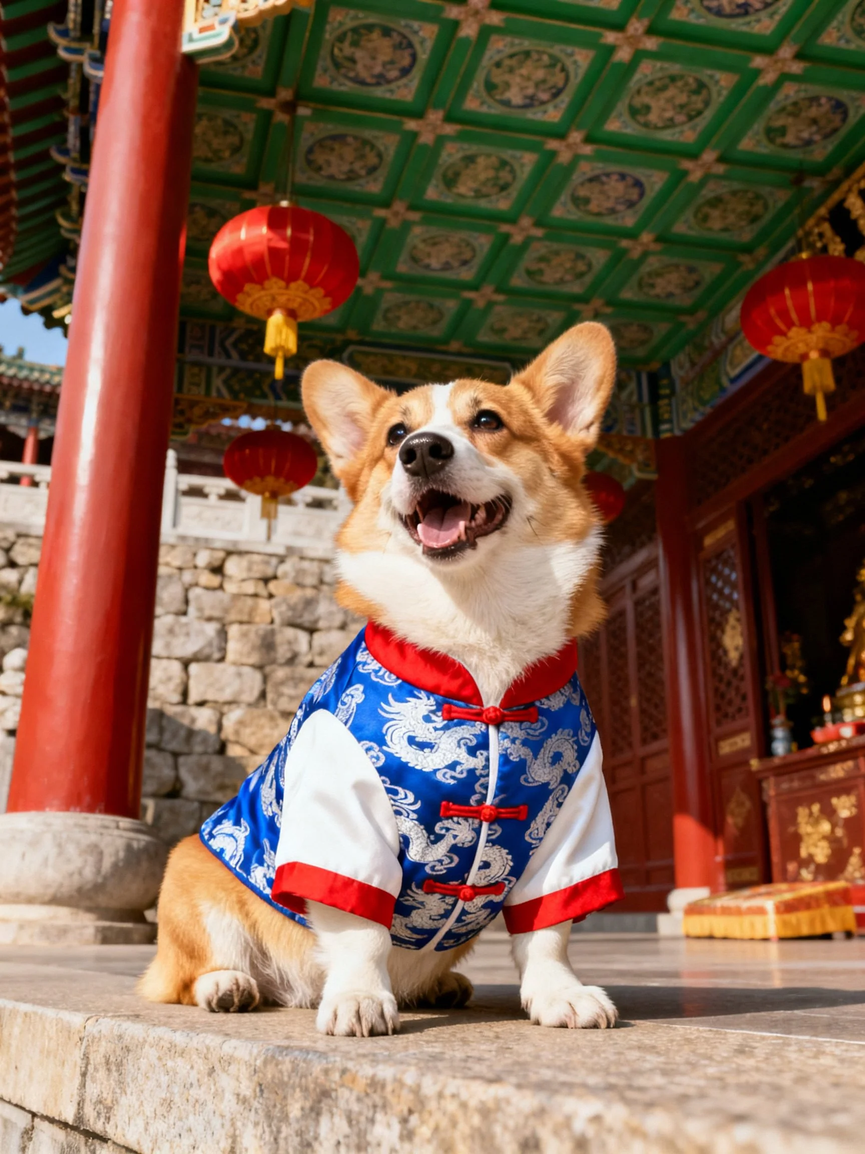A corgi wearing a traditional coat poses by an ornate historical building.