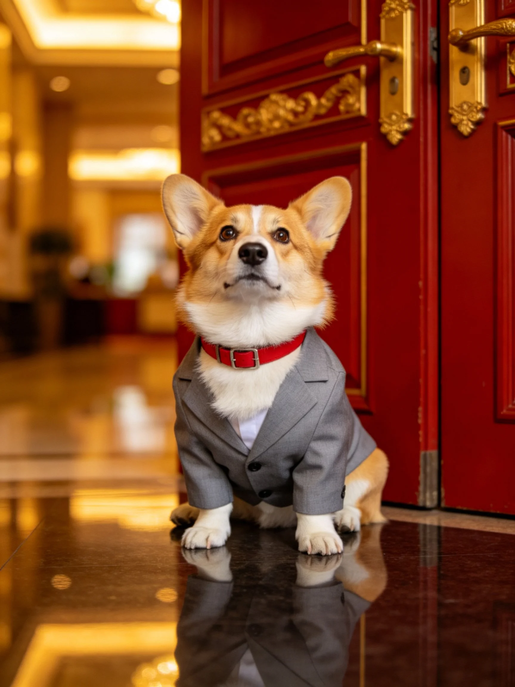A corgi in a gray suit sits by ornate red doors