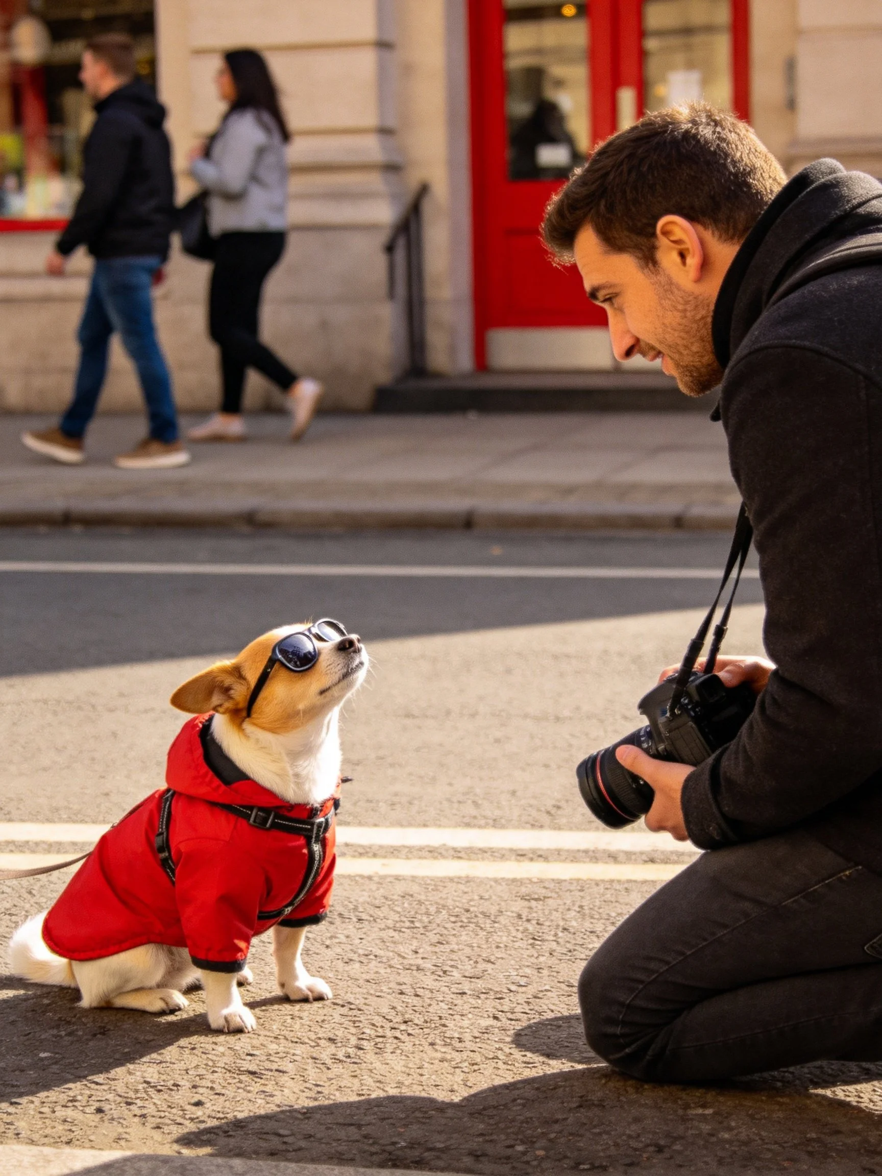 A corgi in a red jacket poses for a photographer on a sunny street