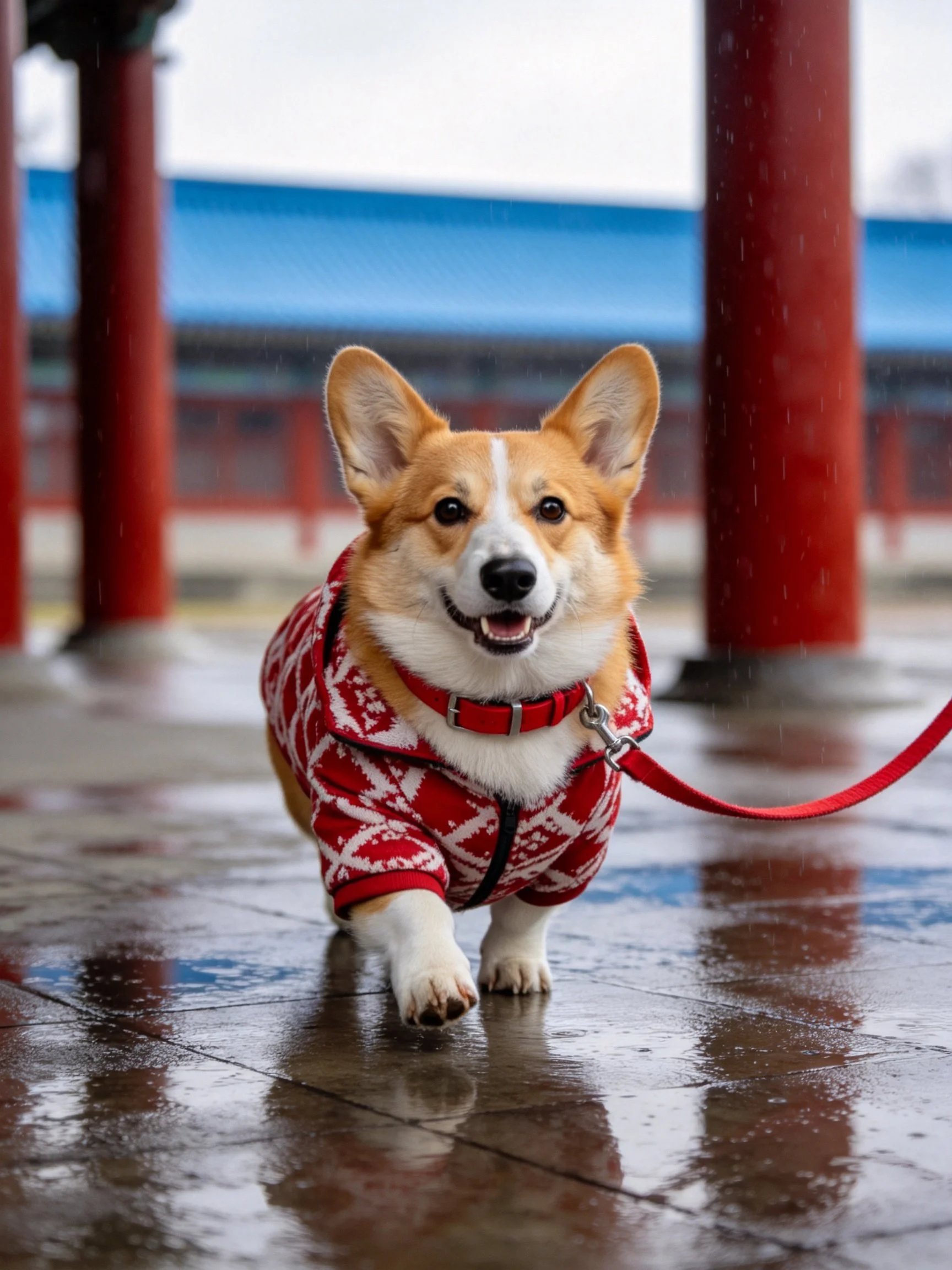 A corgi in a red patterned coat walks on wet pavement near red pillars