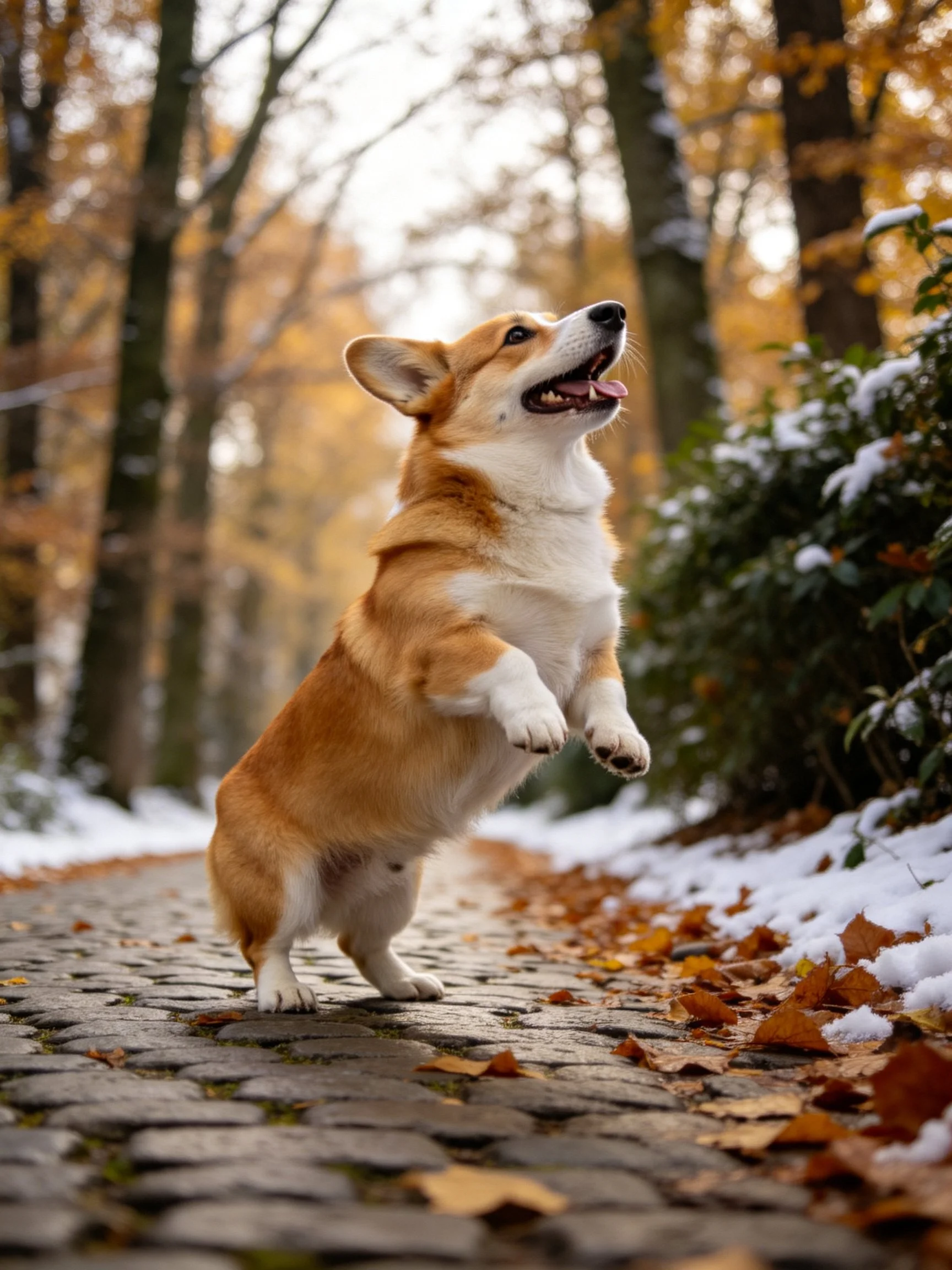 A corgi jumps joyfully amid autumn leaves and snowy woods