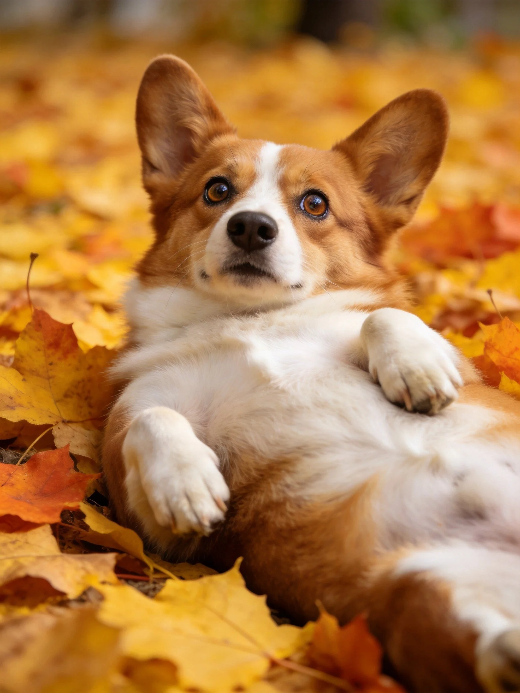 A corgi lies among colorful autumn leaves in warm tones