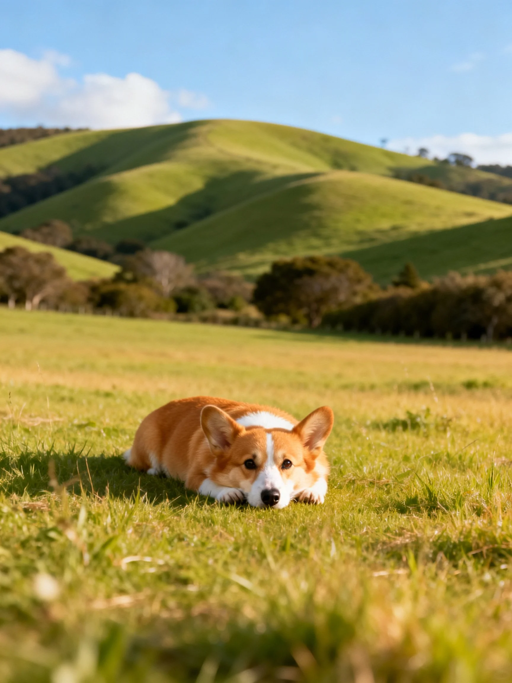 A corgi lies on grass with rolling green hills and trees in the background