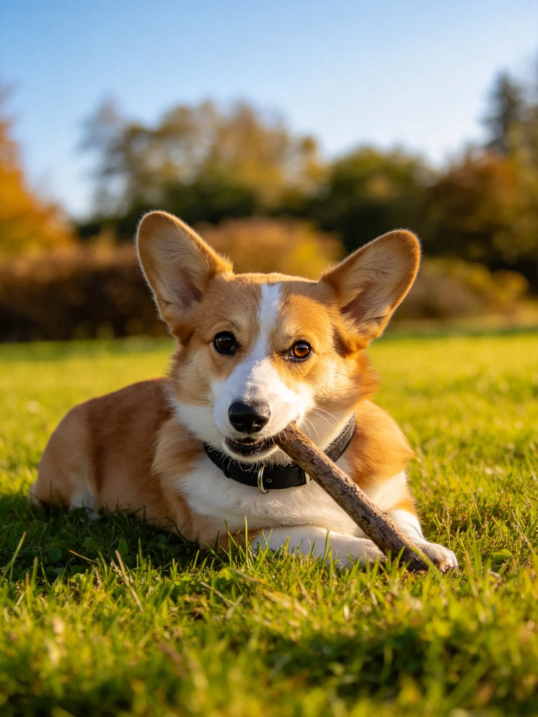 A corgi puppy chewing a stick on vibrant green grass