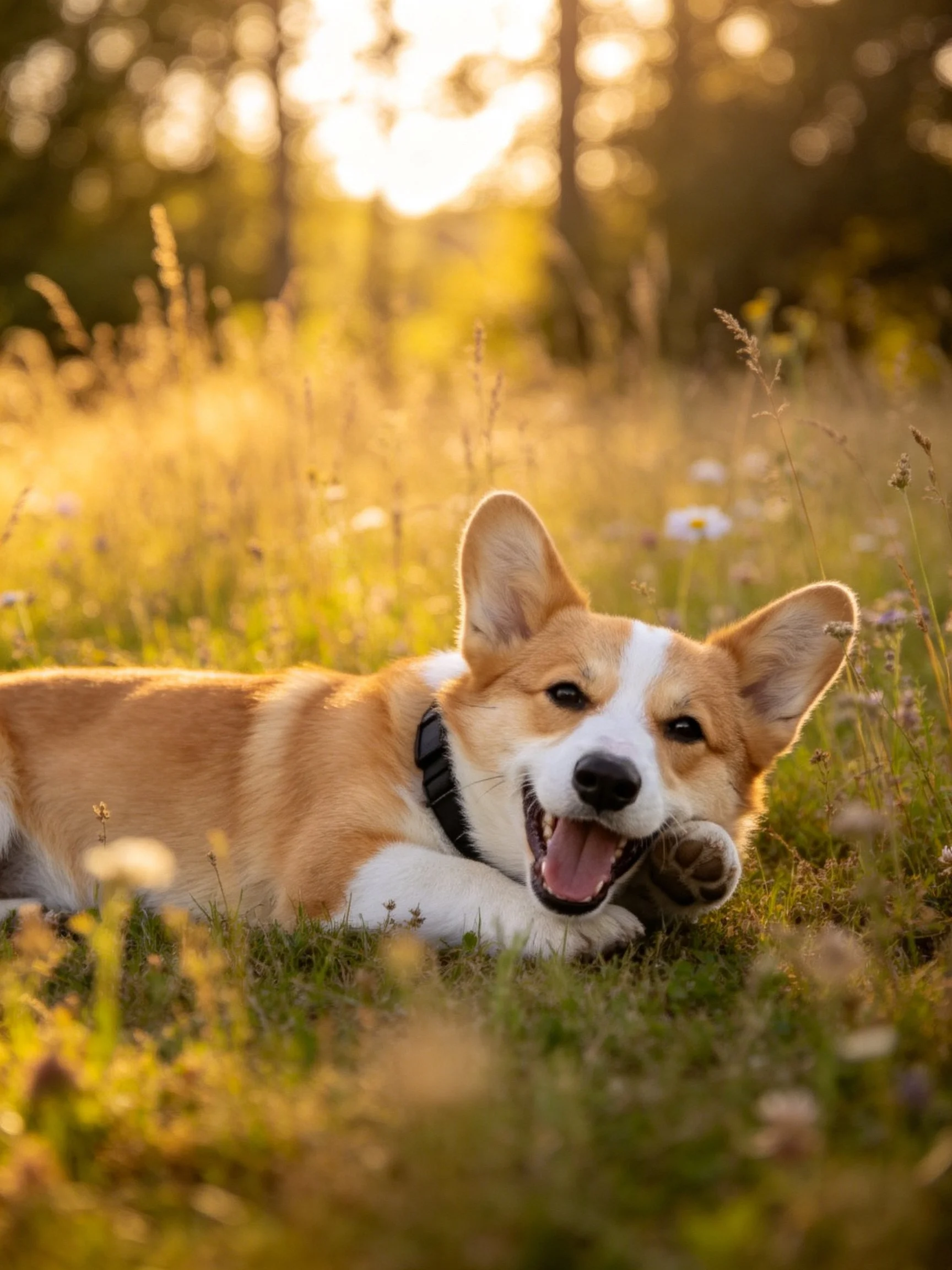 A corgi puppy resting in a sunlit meadow with tall grass