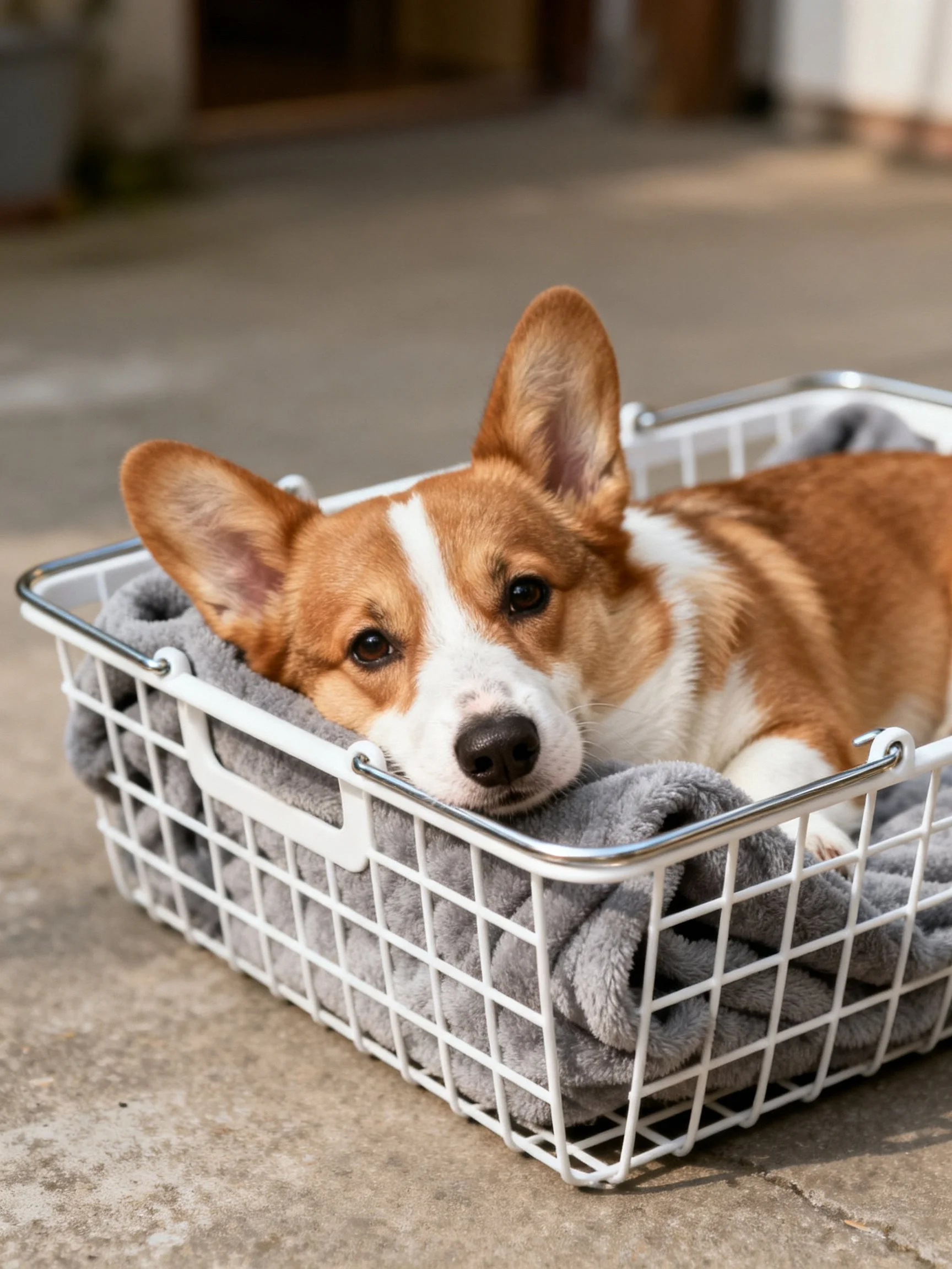 A corgi puppy rests in a white wire basket with a gray towel