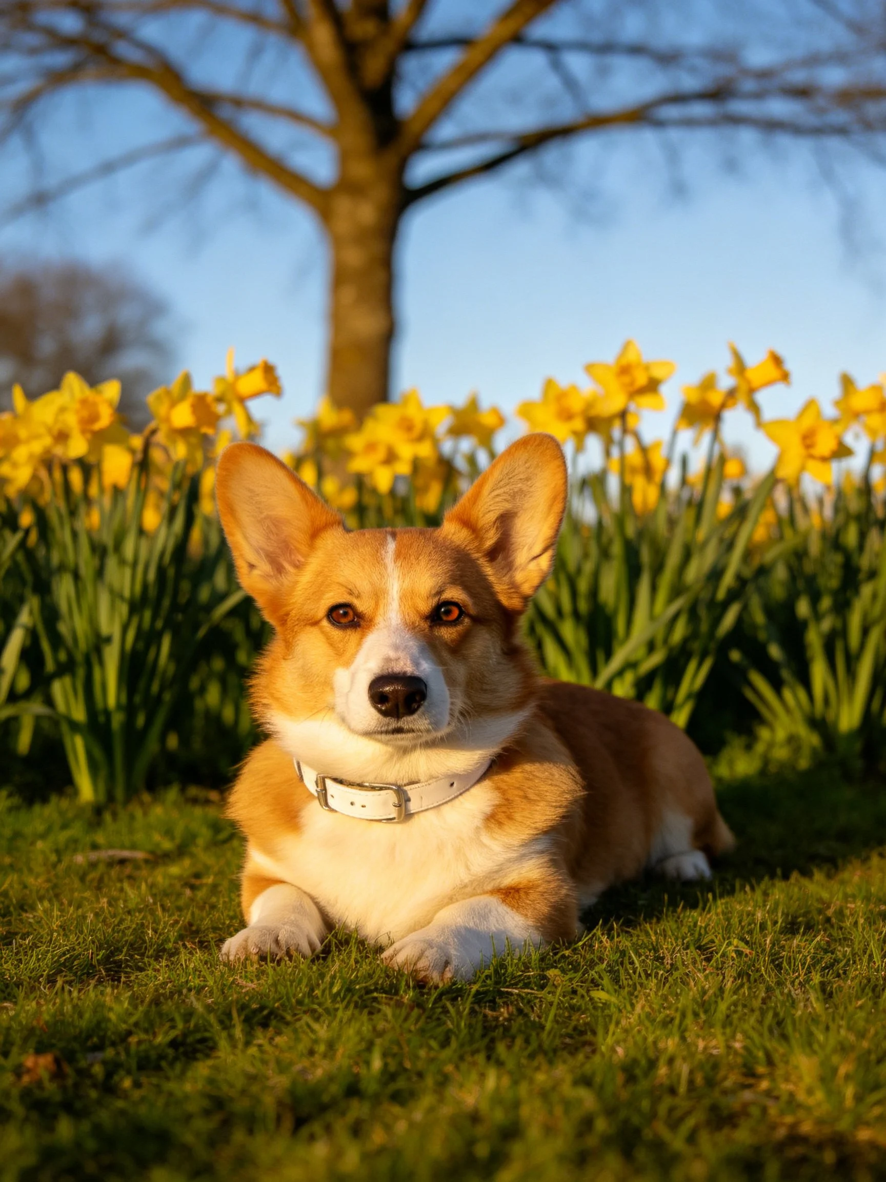 A corgi lies calmly on grass surrounded by yellow flowers with a tree in the background.